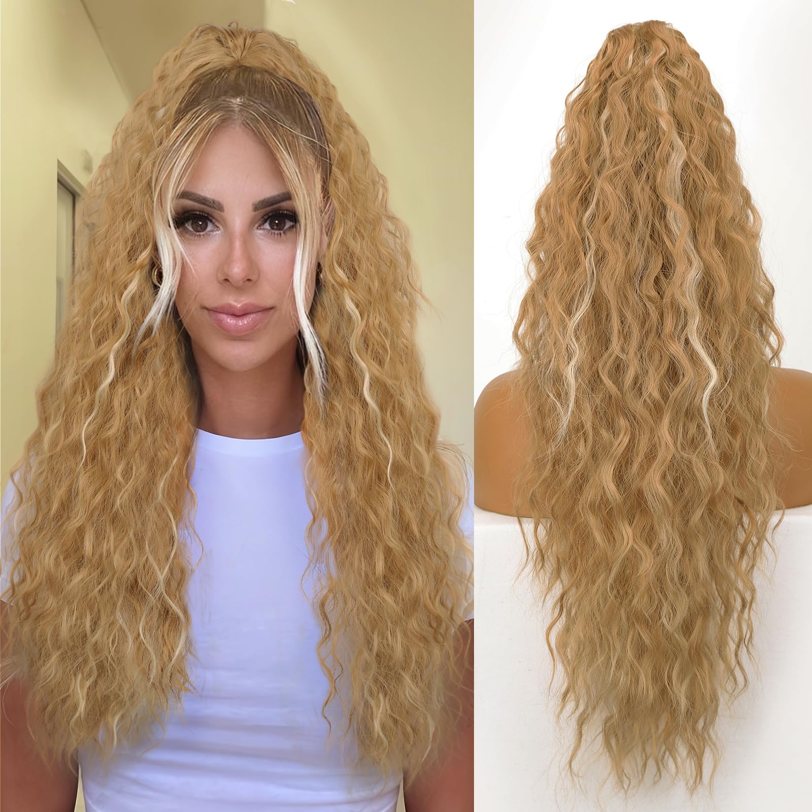 ORSUNCER Ponytail Extension Claw 26" Curly Pony Tail Clip in Claw Hair Extensions Fluffy Natural Looking Synthetic Hairpiece for Women Medium Blonde