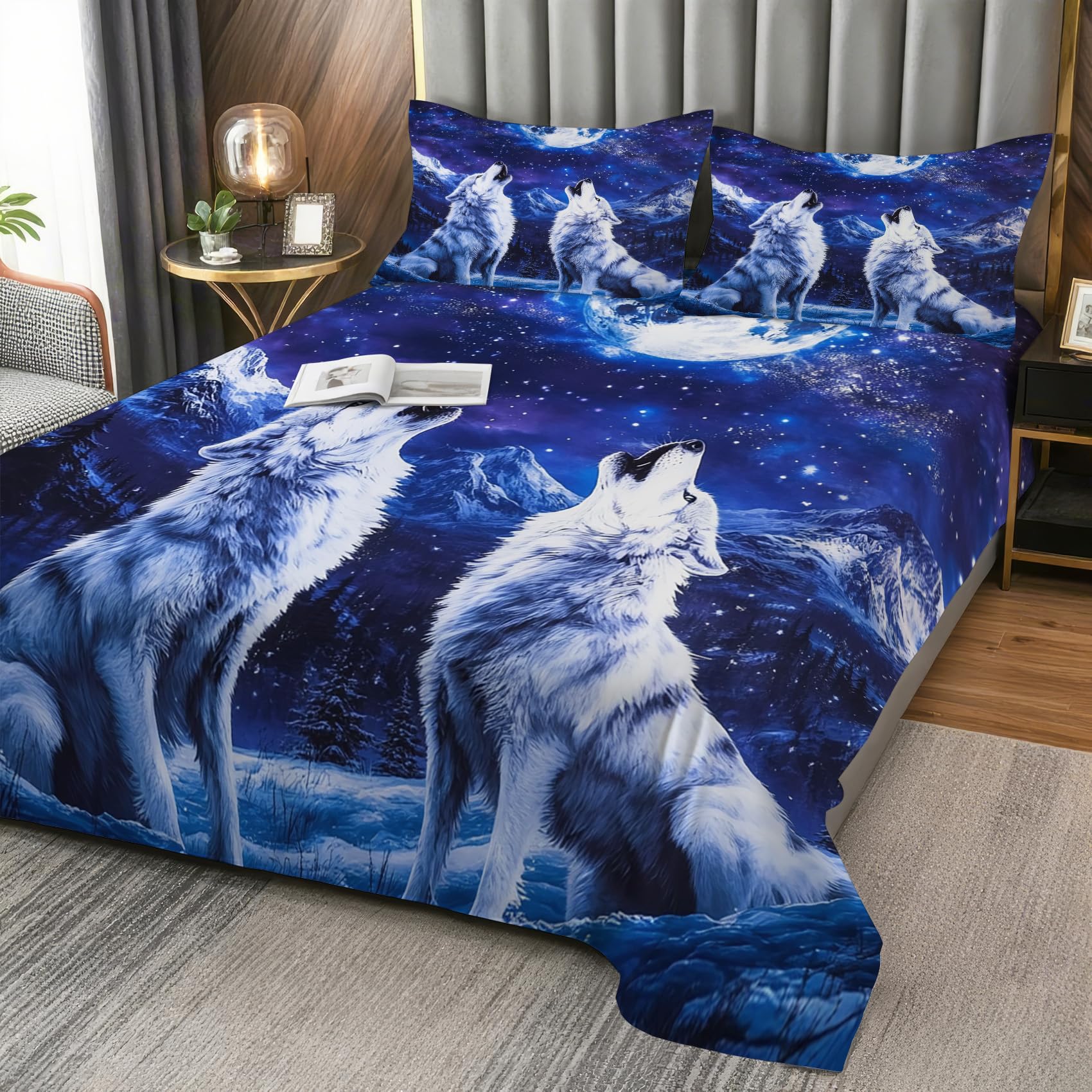 Wolf Sheets Full Size - Wolves Animal Bed Sheet Set - Deep Pocket Soft Microfiber Bedding Set 4 Piece - Fitted Flat Sheet Pillowcases - Wolf Bedroom