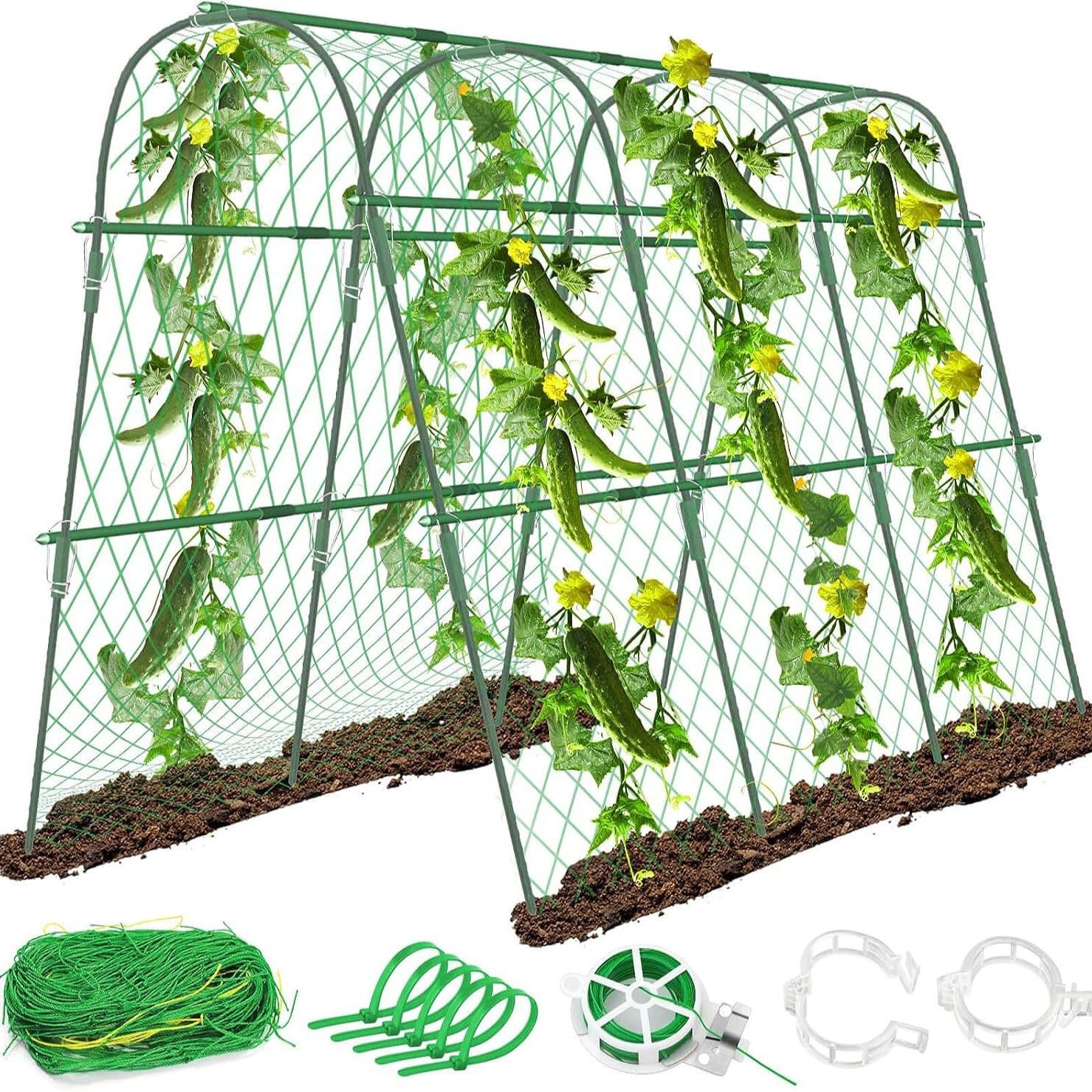 Cucumber Trellis with Net, Detachable U Shape Metal Garden Trellis for Climbing Plants, Tomatoes, Sweet Pea, Runner Bean, Vertical Gardening Vegetable Plant Support Frame Arch