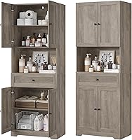 HIFIT 67" Tall Farmhouse Bathroom Storage Cabinet with Drawer, Doors & Shelves - Freestanding Linen Tower for Kitchen, Pantry, Laundry, Brown