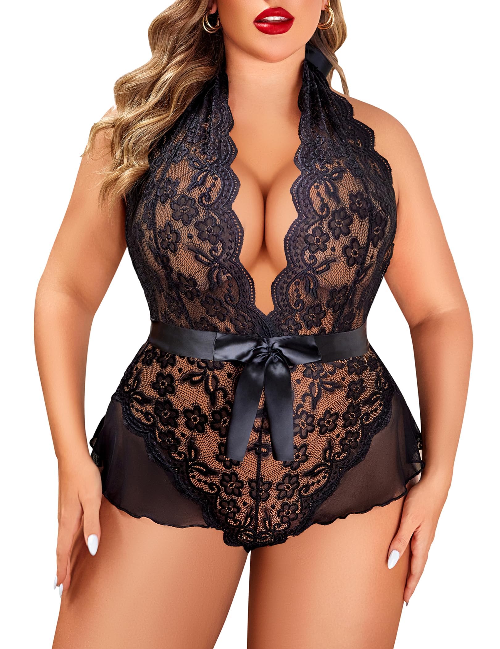 ssoshhub Plus Size Lingerie for Women Deep V Neck Teddy Lingerie Halter Lace Bodysuit Nightgown Babydoll Lingerie Female Wedding Nightgown for Honeymoon and Anniversary-picture-42