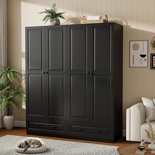 Miniatura 9 de Armario de dormitorio con cajones: armario de madera de 74 pulgadas con 3 puertas, armarios negros con 2 cajones, armario alto con estantes y ropa