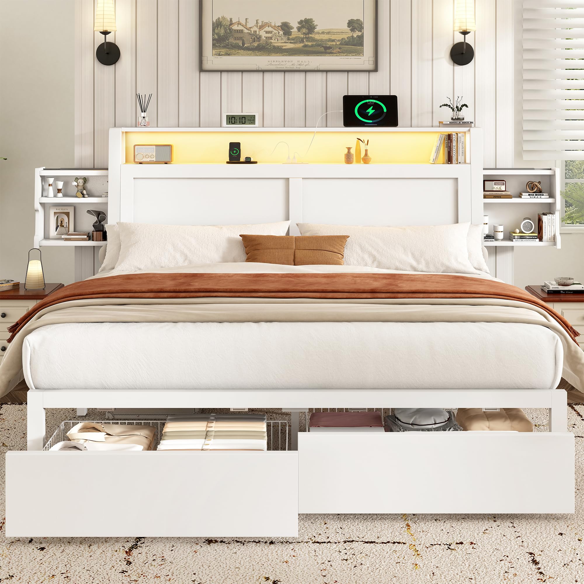 queen bed frame with 2 storage drawers,metal bed frame queen size with 3-tier storage wooden headboard wooden,charging station&led lights,no box spring needed,easy assembly,white