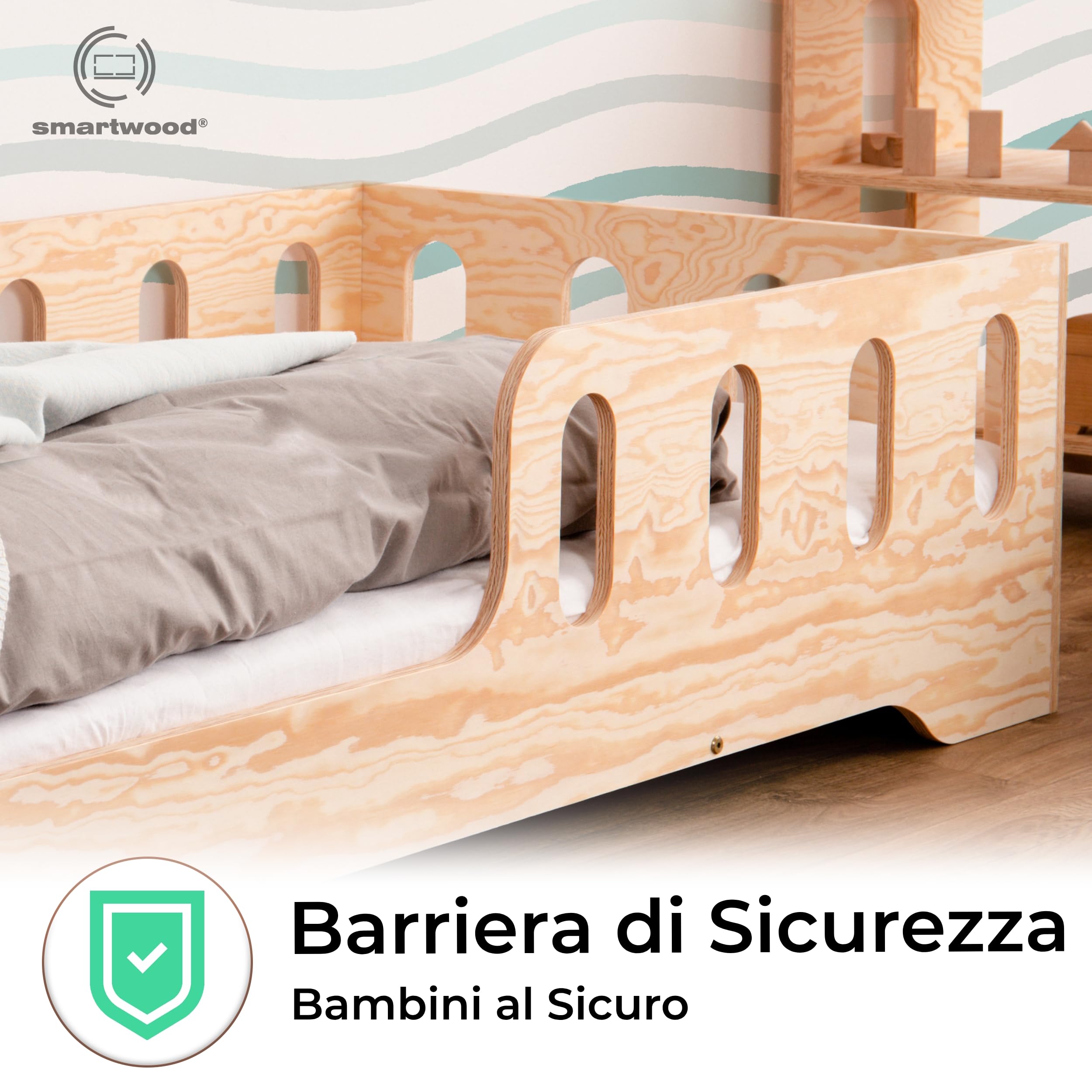 smartwood Letto Montessori Bambini 90x190 cm - Letto Bambini con Sponda e Rete a Doghe - Compensato di Pino Certificato FSC - Per Bambini e Bambine - Montaggio Facile - TILA 1L