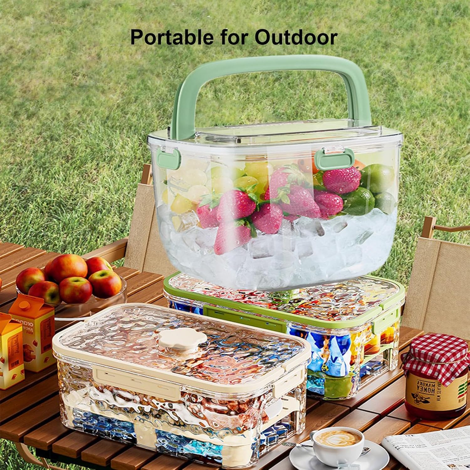 Portable Ice Bucket with Lid & Tong for Outdoor Camping, Clear Plastic Storage Bin for Freezer, Refrigerator, Whiskey, Wine, Cocktail Party, Big Cube Mold Tray for Ice Bath