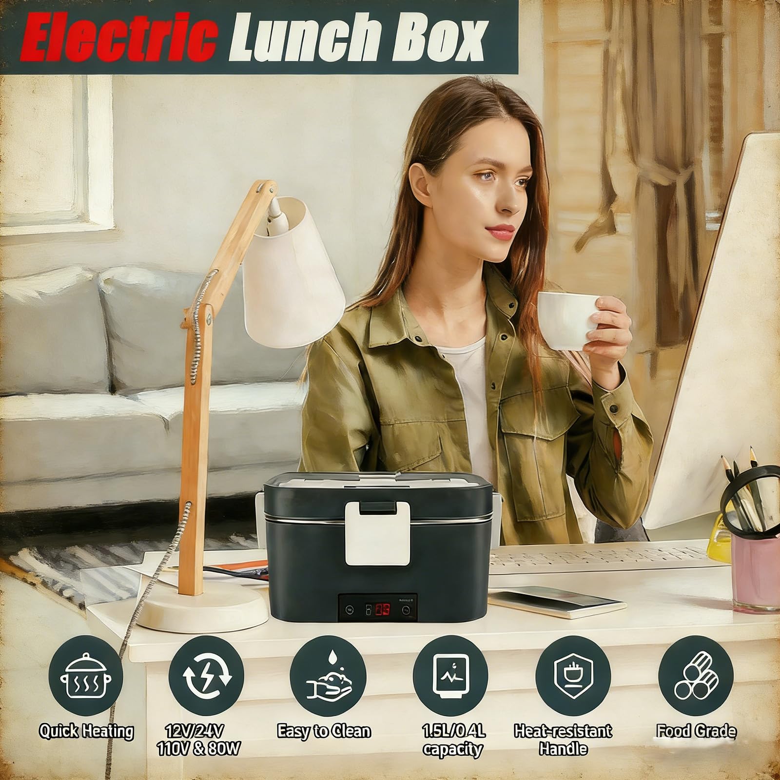 Scaldavivande elettrico, 1,5 l, a riscaldamento rapido, con set da tavola e borsa termica, per ufficio, scuola e uso in movimento, facile da pulire