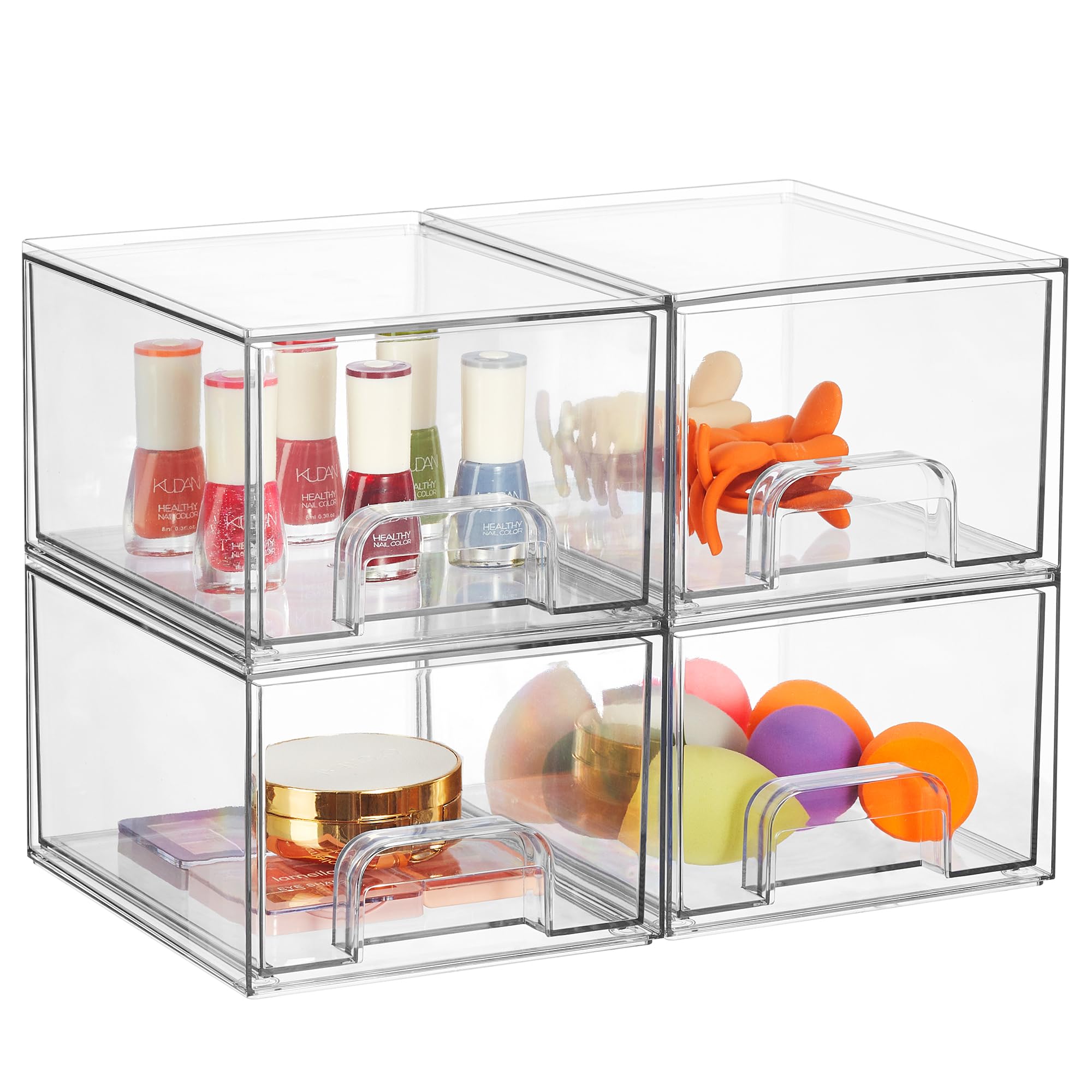 Syntus 4 Piece Set Stackable Makeup Organizers, 4.4'' Tall Acrylic Drawer Organizer, Clear Plastic Cosmetics Storage Drawers for Vanity, Undersink, Bathroom Organizer, Skincare, Kitchen Cabinets