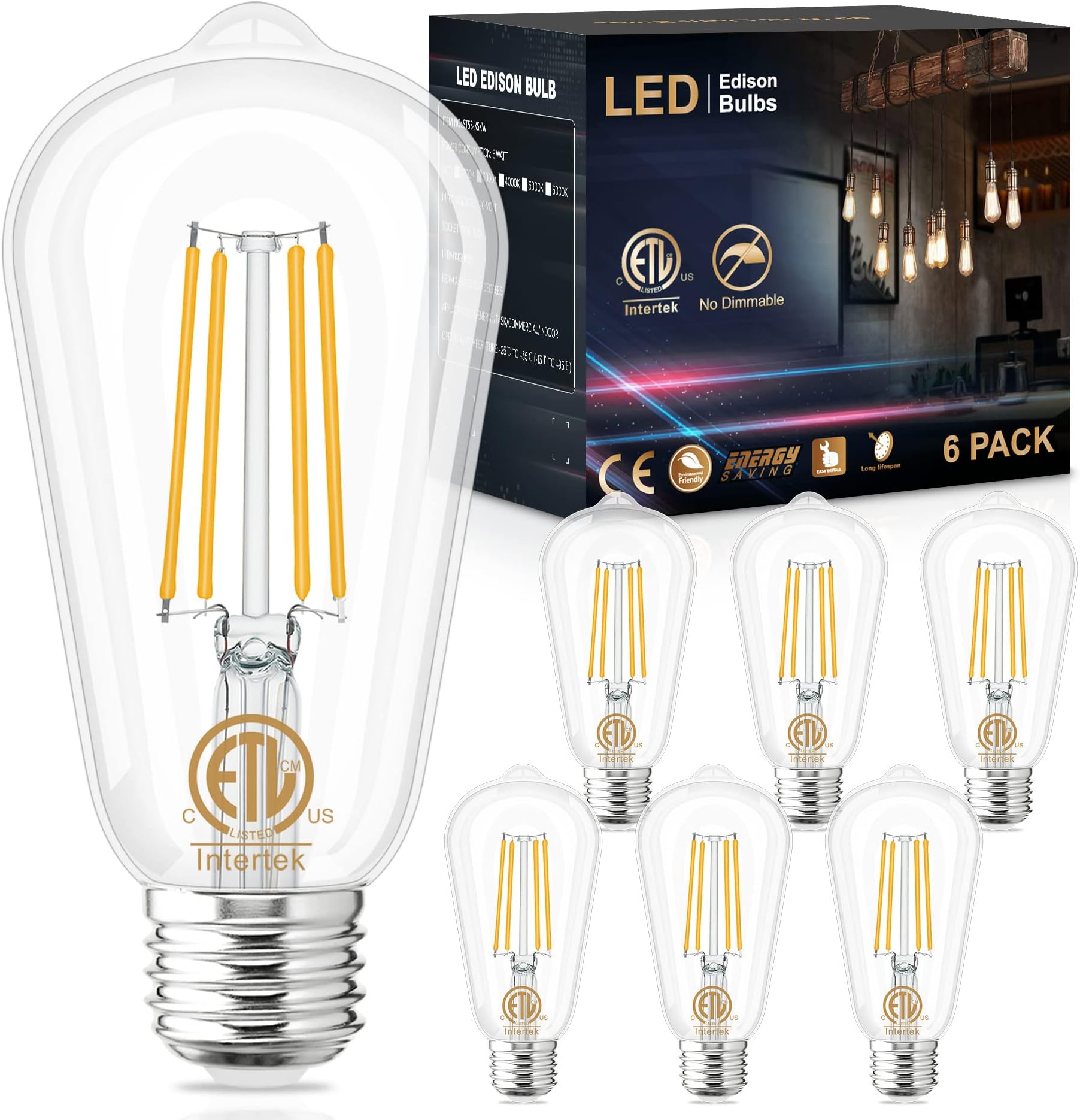 GOLSPARK Edison Bulbs 60 Watt Equivalent, E26 LED Bulb Soft White 3000K