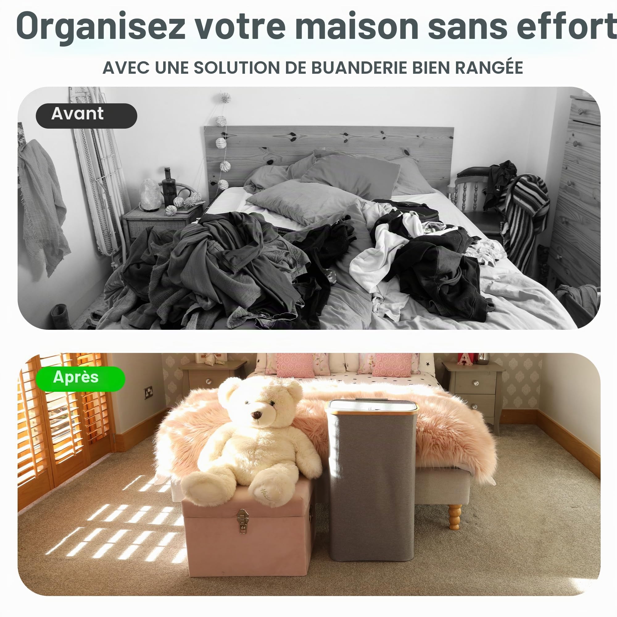 Nest Zest Panier à linge double de 100 l avec couvercle, 2 compartiments pour trier le lavage, panier à linge avec guide d'entretien et 2 sacs intérieurs amovibles, panier à vêtements sales avec
