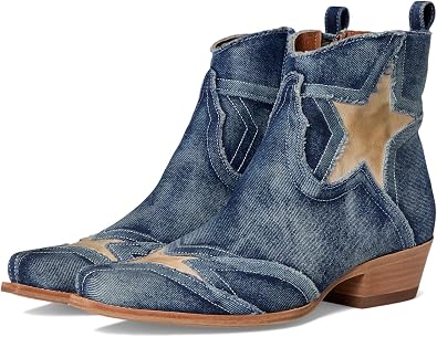 Dan Post Boots Womens Stardust Denim Overlay Snip Toe Pull On Casual Boots Ankle Low Heel 1-2" - Blue