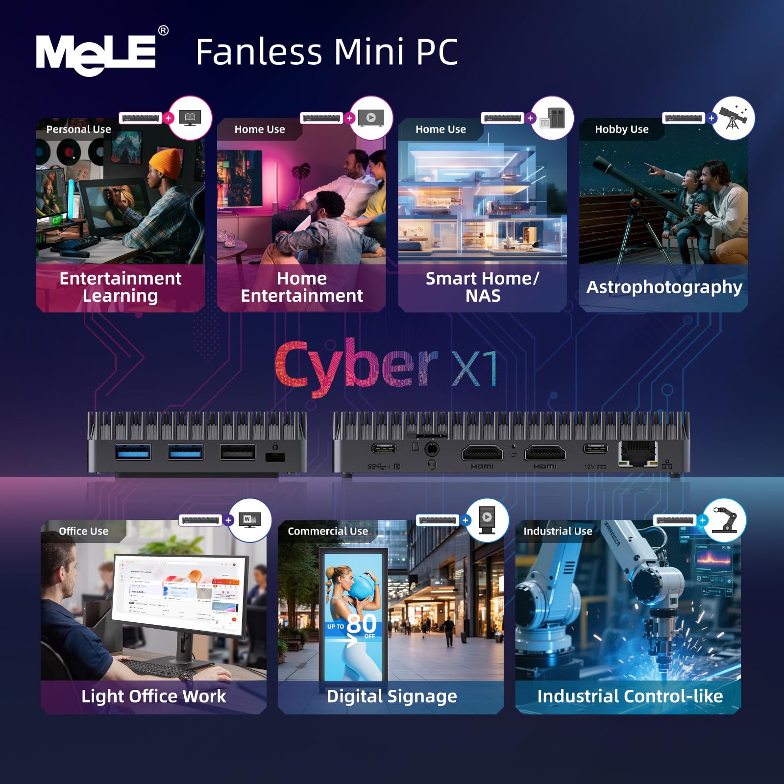 MeLE Cyber X1 Lüfterloser Mini PC N150 16GB 512GB Kleiner Desktop Computer | bis zu 3.6GHz, USB-C, 2 X HDMI, Dreifach-Display, mit VESA, Rund um die Uhr stabil, automatisches Einschalten, Wake-on-LAN