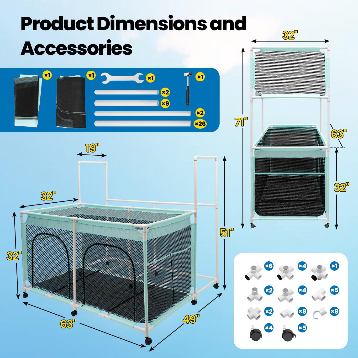 Pool Float Storage Bin 271 Gallon - 2-in-1 XX-Large Outdoor Pool Toy Storage Holder for Raft Noodles Inflatables Towels Balls, 9 Wheels Mesh Rolling Organizer Car Bin for Swimming Equipments