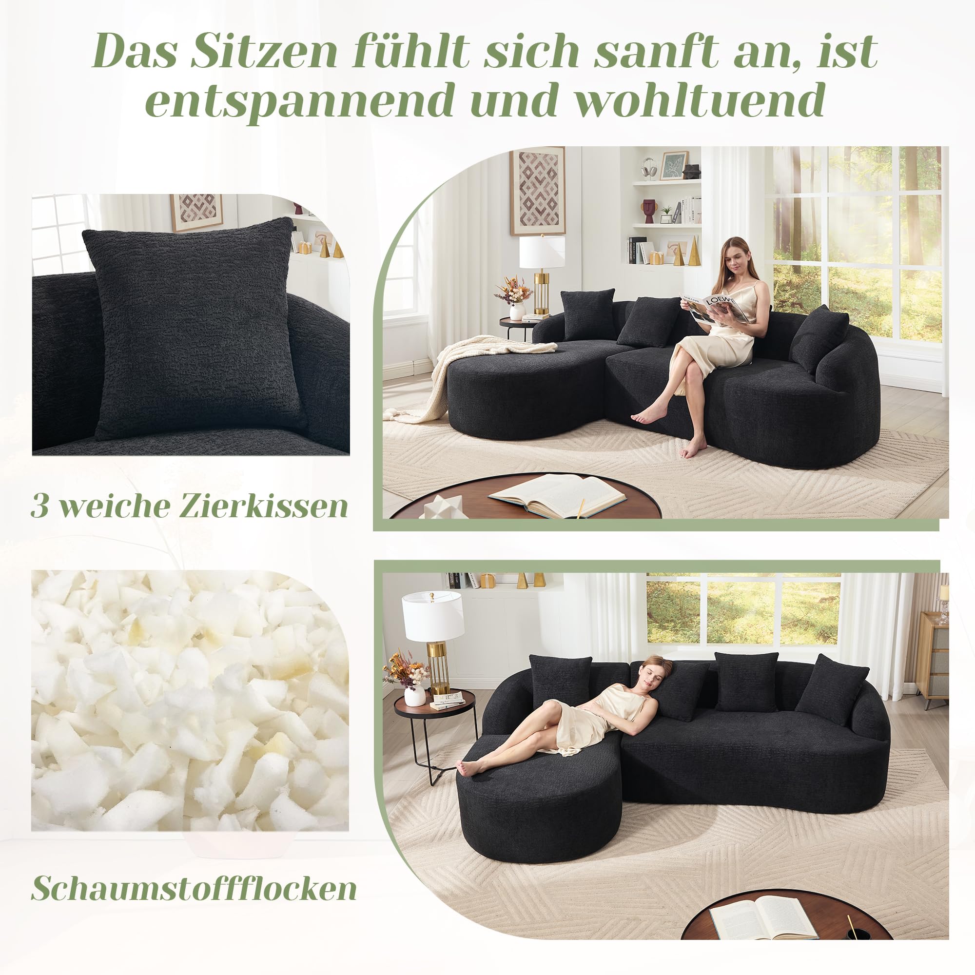 Sofá curvo modular de 243 cm, en forma de L, chenilla, color negro