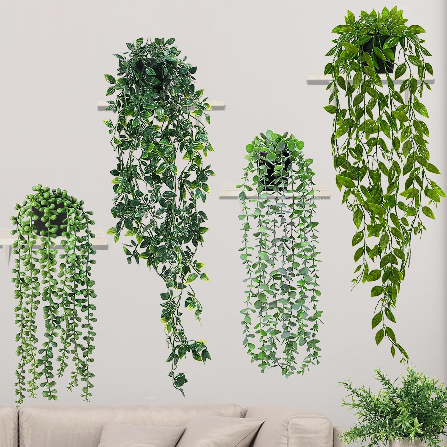 Lighterday Set of 4 Artificial Hanging Plants Fake Plants with Pots Artificial Vines Plants Indoor Outdoor for Wall Home Kitchen Garden Office Decoration (4 HANGING PLANT)