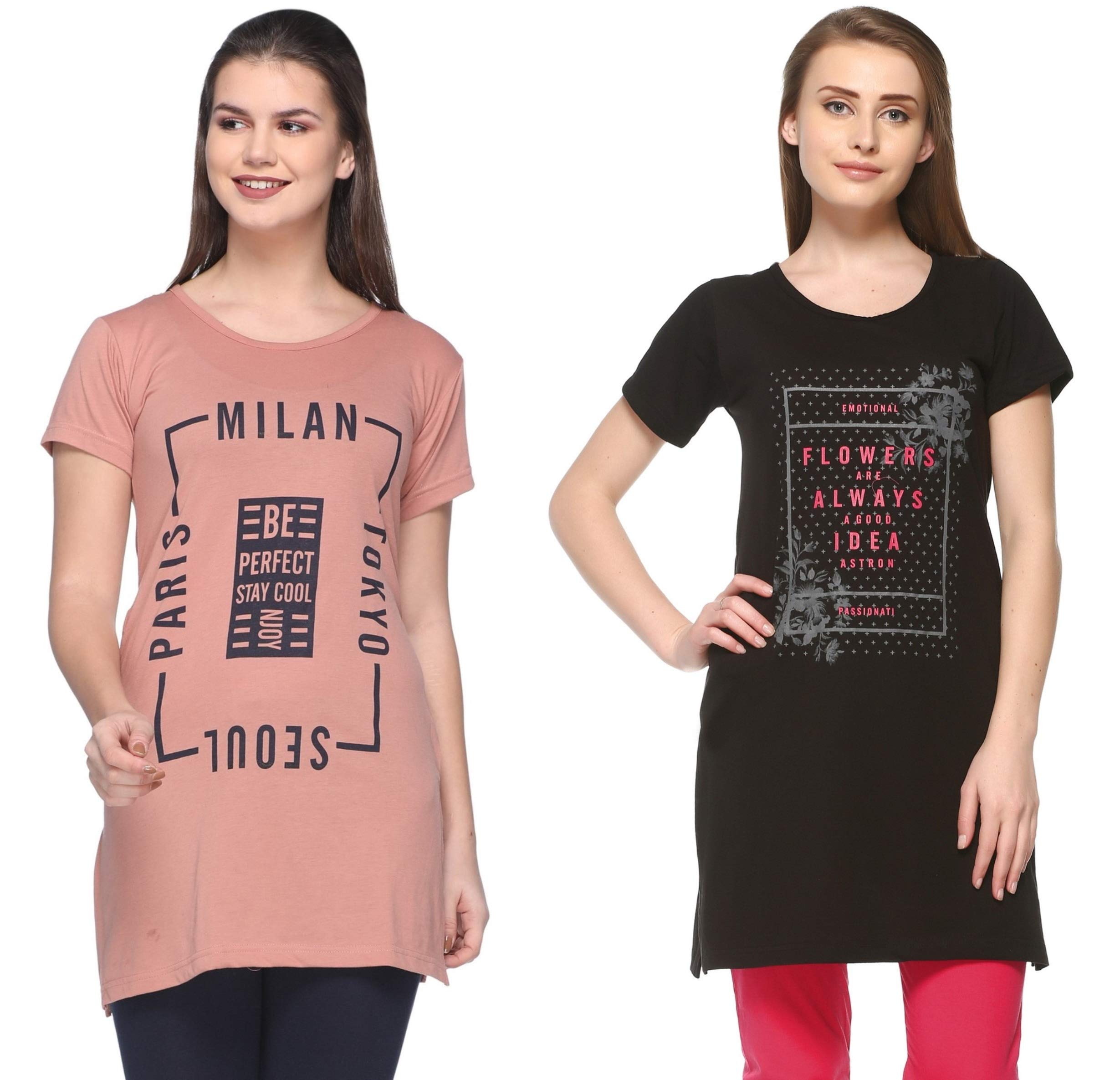 Women’s Plus Size Cotton Printed T-Shirt with Pocket – Combo Pack of 2