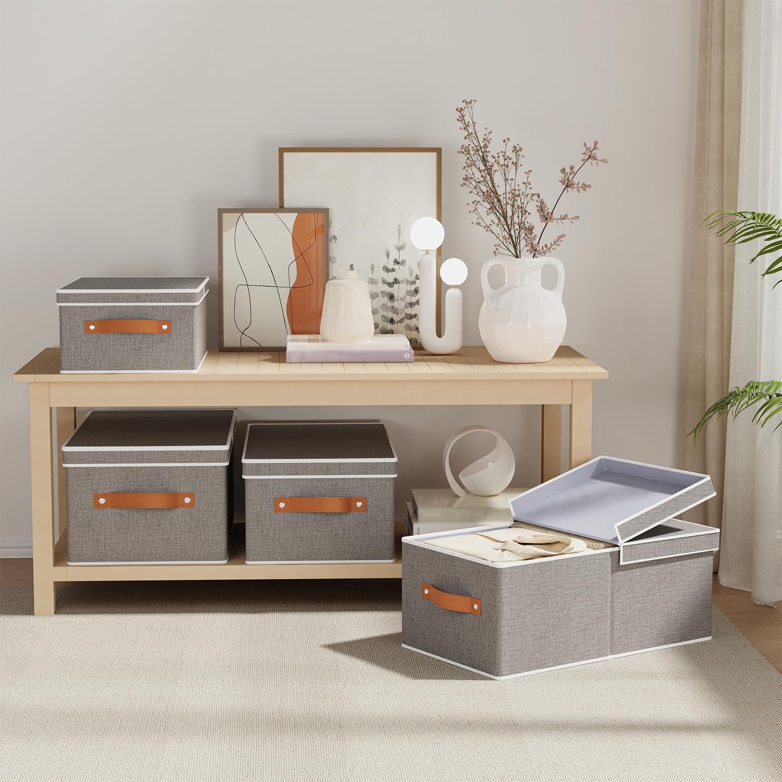 YheenLf 3 stuks opbergdozen, kastorganizer, opvouwbare stoffen doos met deksel, opbergdoos kledingkast met transparant venster, doos dozen met handvat, wit, 38 x 25 x 25 cm