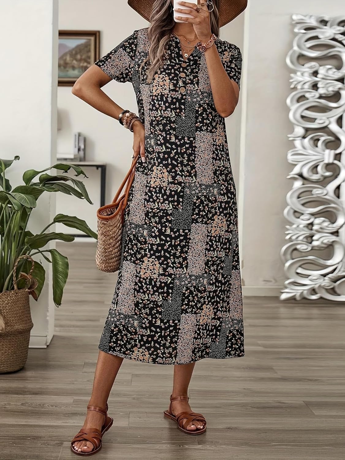 Women's V Neck Print Summer Sleeveless Midi Dress Party Club Casual Office Dresses
