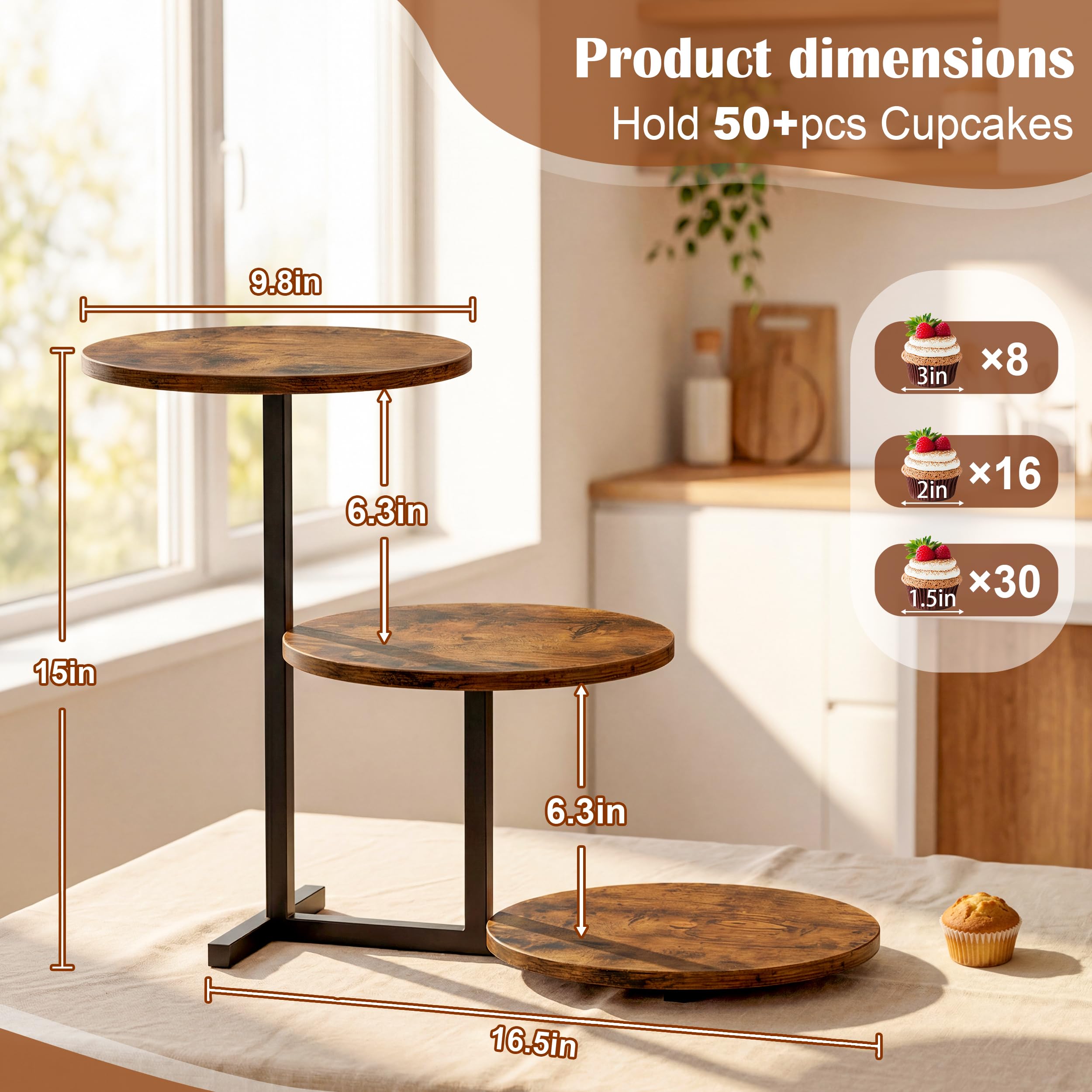 1 soporte para tartas de 3 niveles, soporte de madera para 50 cupcakes, torre de cupcakes como frutero o bandeja, torre de postres para cupcakes para té de la tarde, fiesta temática, boda y