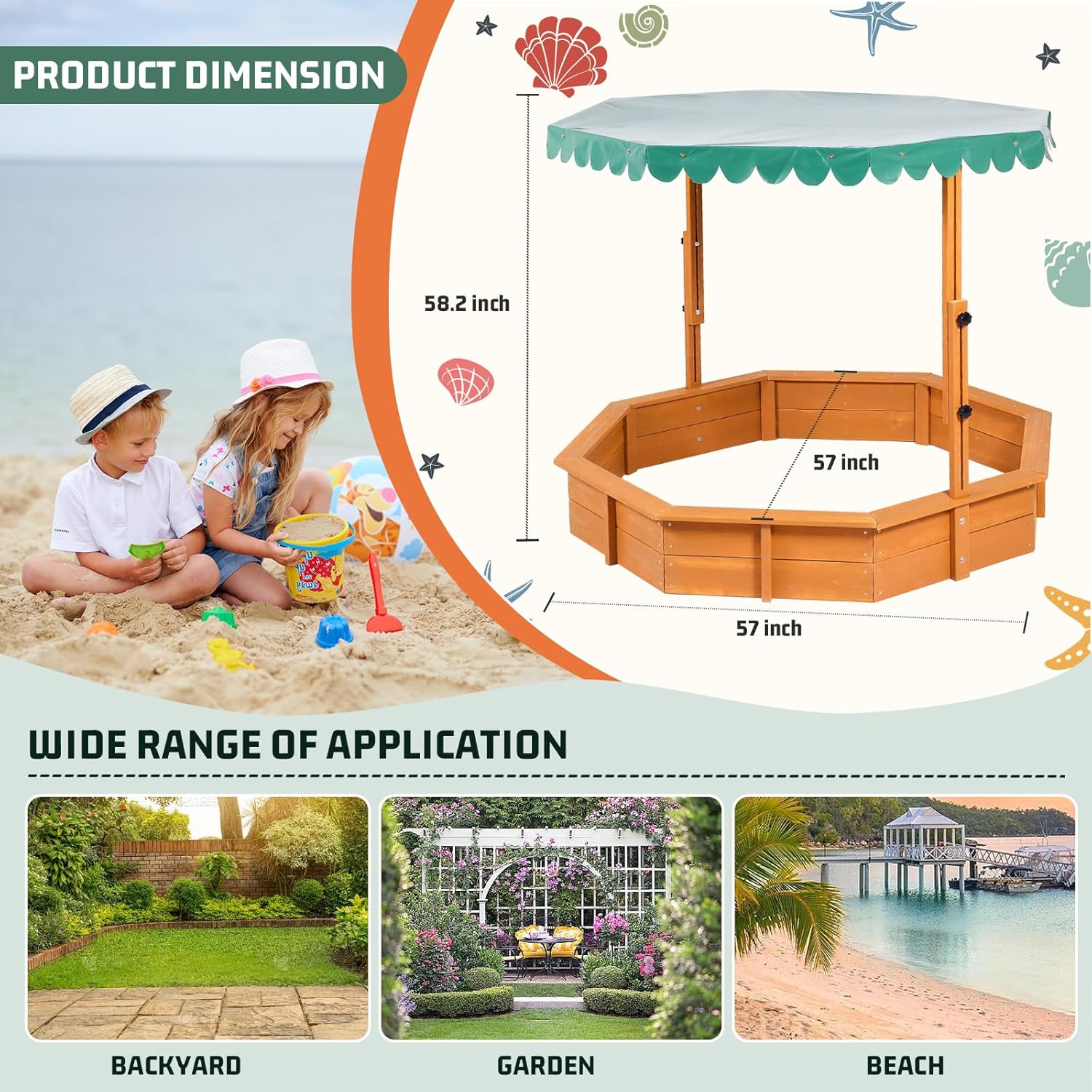 Sandbox with Lid Wood Toddler Sand Boxes with Canopy for Backyard Garden Octagonal Sandbox with Cover Outdoor Playhouse with Adjustable Lid for Aged 3-10 Years Old