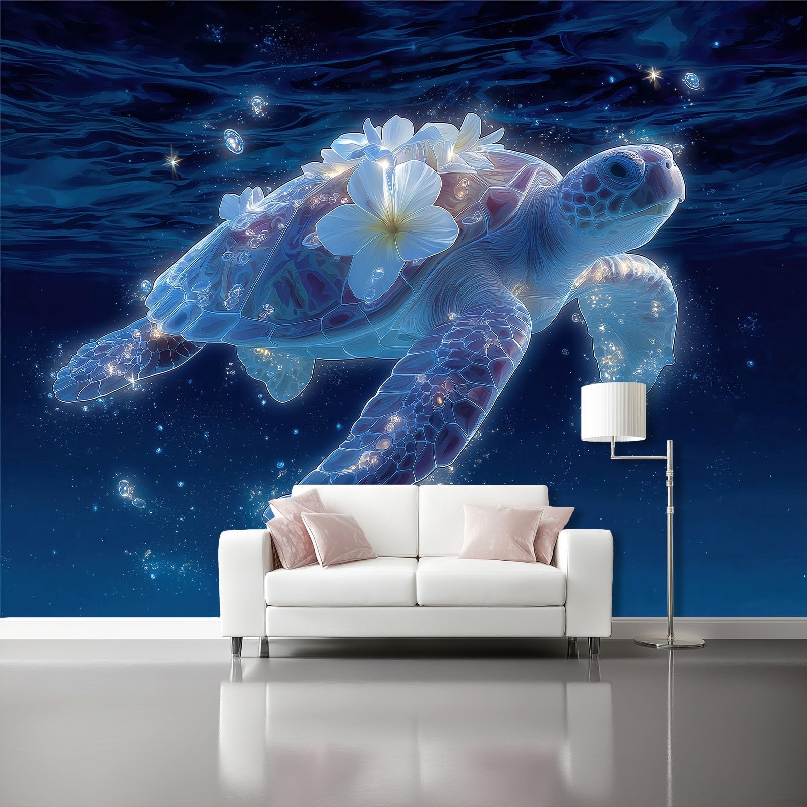 Duża fototapeta z włókniny 350 x 256 cm, marzycielski żółw ocean, nowoczesna tapeta do salonu i studia, niebieska
