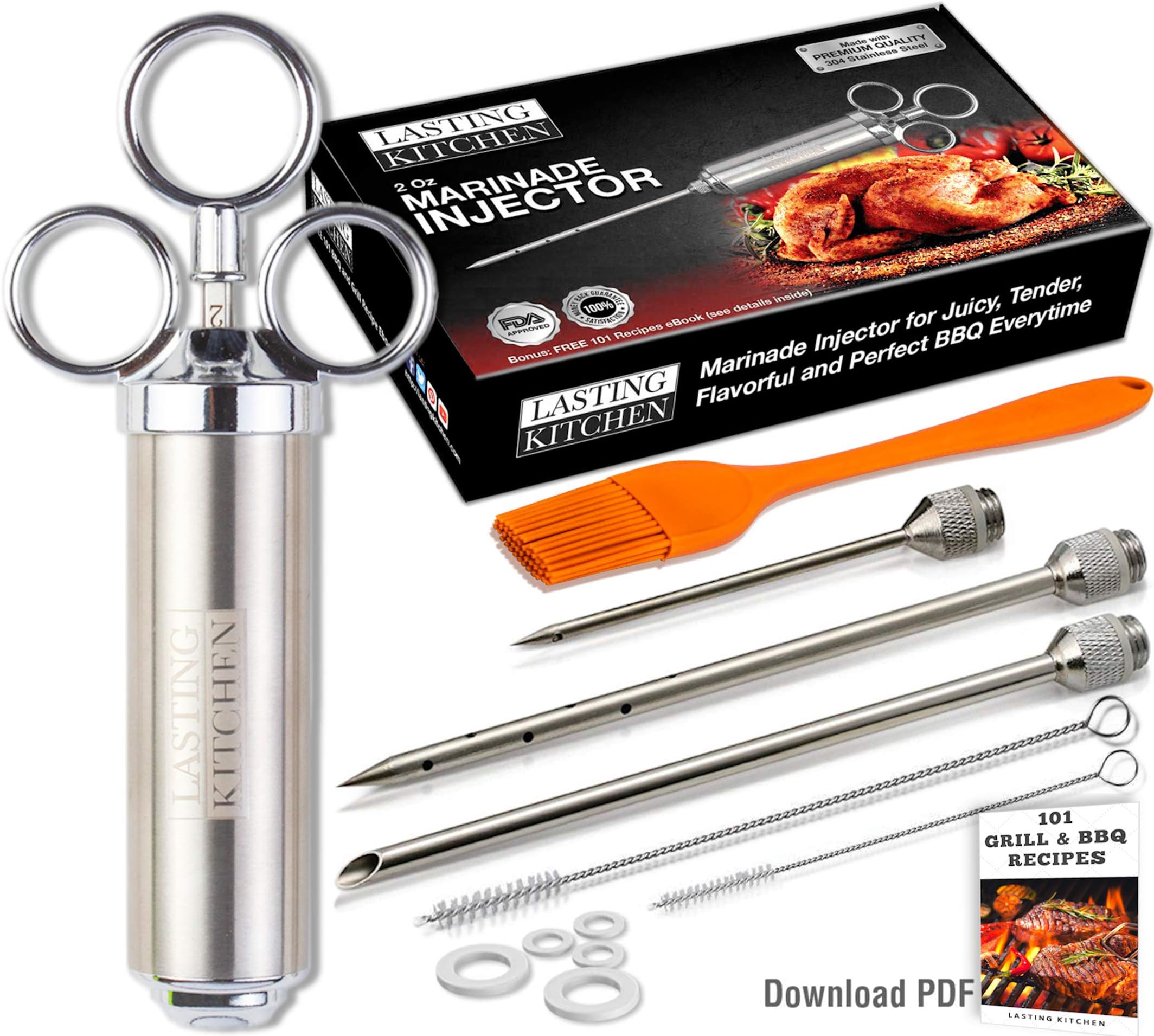 Lasting Kitchen Meat Injector Syringe Kit for BBQ Grill Marinade Made with Commercial Grade 304 Stainless Steel- FDA Approved, Food Safe, Durable - Download 101 Recipe Ebook with BBQ Grill Techniques