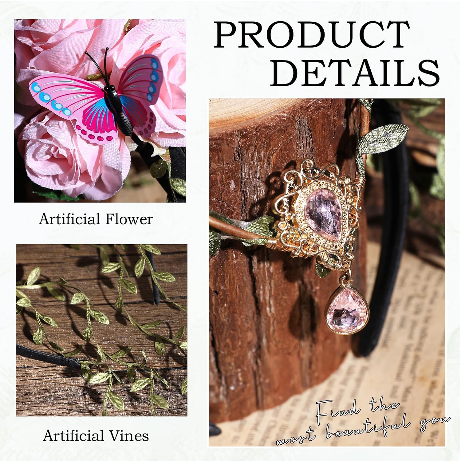 MOSTORY Pink Fairy Flower Headband - Floral Fairy Headpiece with Butterflies and Vines for Woodland Fairy Accessories, Forest Elf Crown for Women Renfaire Outfit Cosplay Fairycore