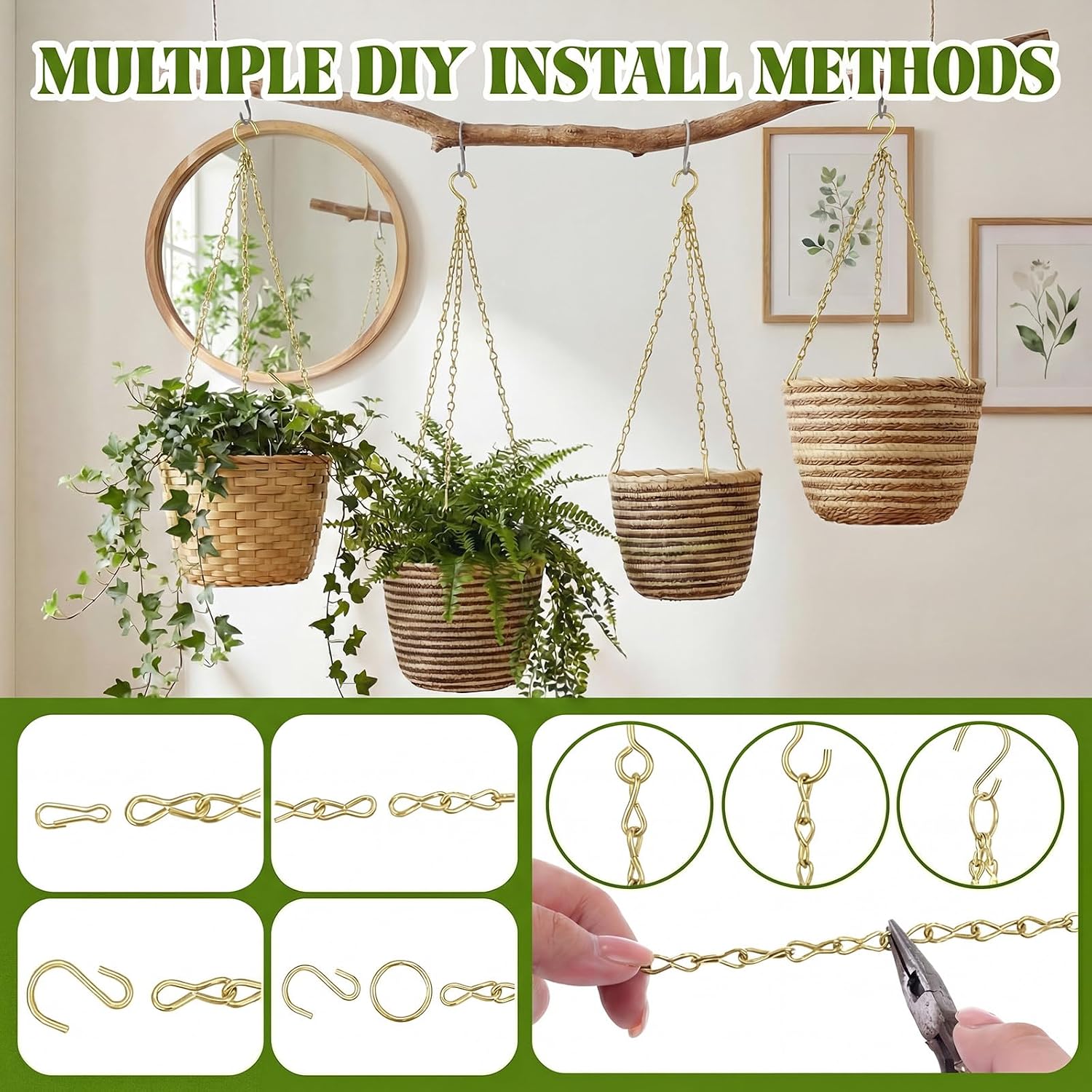 Frienda 500 Inch Metal Hanging Chains Hanging Chain for Plants Basket Hooks Set Small Chain DIY Plant Chains for Bird Feeder Birdbath Planters Grow Lights Lanterns Wind Chime and Ornaments(Gold)