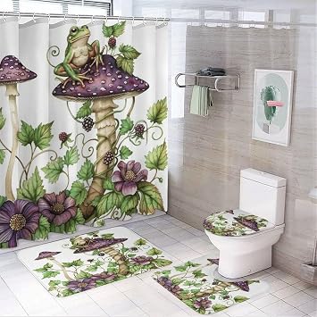 4Pcs Garden Mushroom Frog Shower Curtain Sets Bathroom Decor, Novelty Plant Floral Shower Curtain with Non Slip Rug, Toilet Lid Cover, Bath Mat and 12 Hooks 72W x 72L