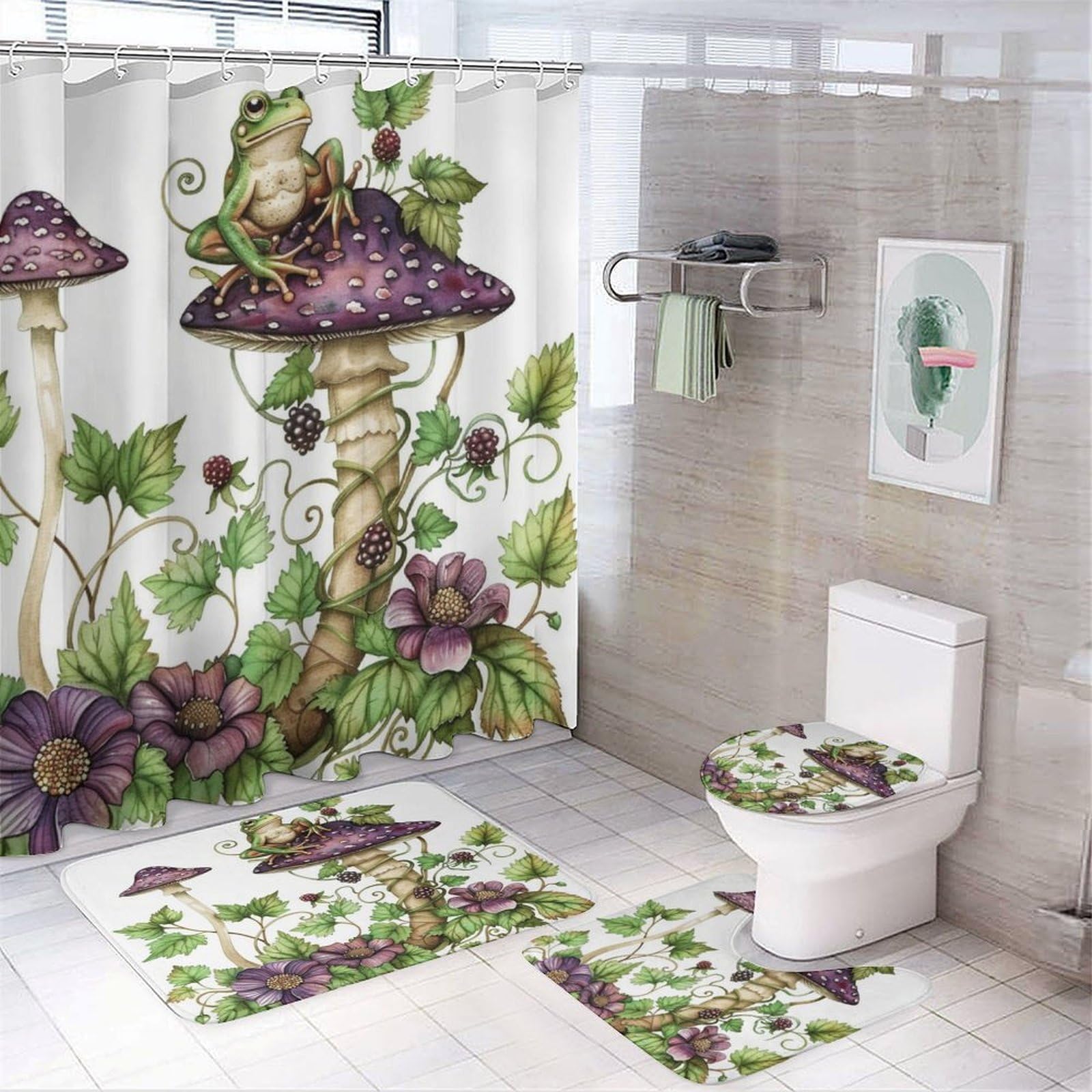 TOWINSFB 4Pcs Garden Mushroom Frog Shower Curtain Sets Bathroom Decor, Novelty Plant Floral Shower Curtain with Non Slip Rug, Toilet Lid Cover, Bath