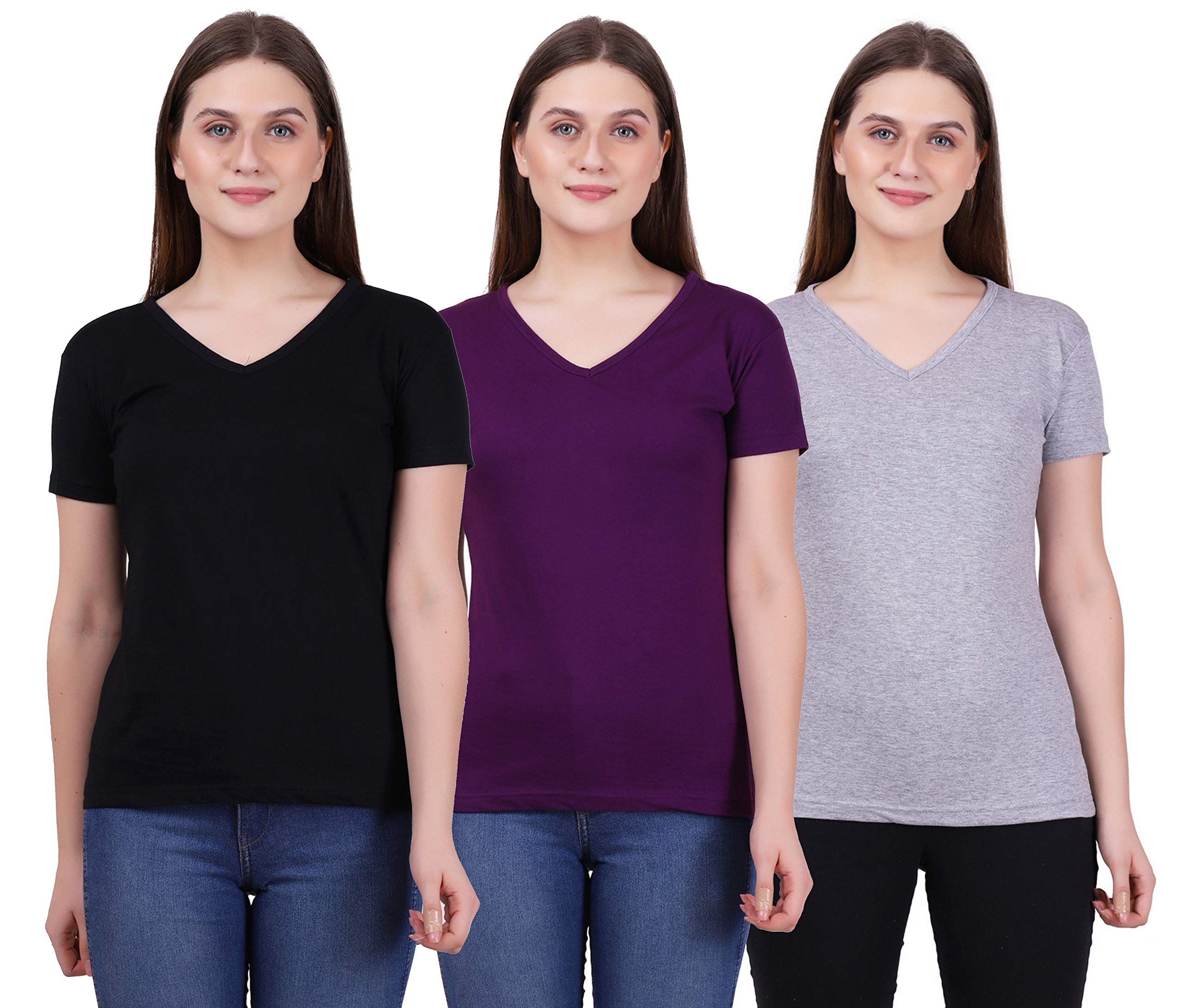Women's Cotton Plain V Neck Half Sleeve Black Purple & Grey Melange Color T-Shirt Size - Pack of 3