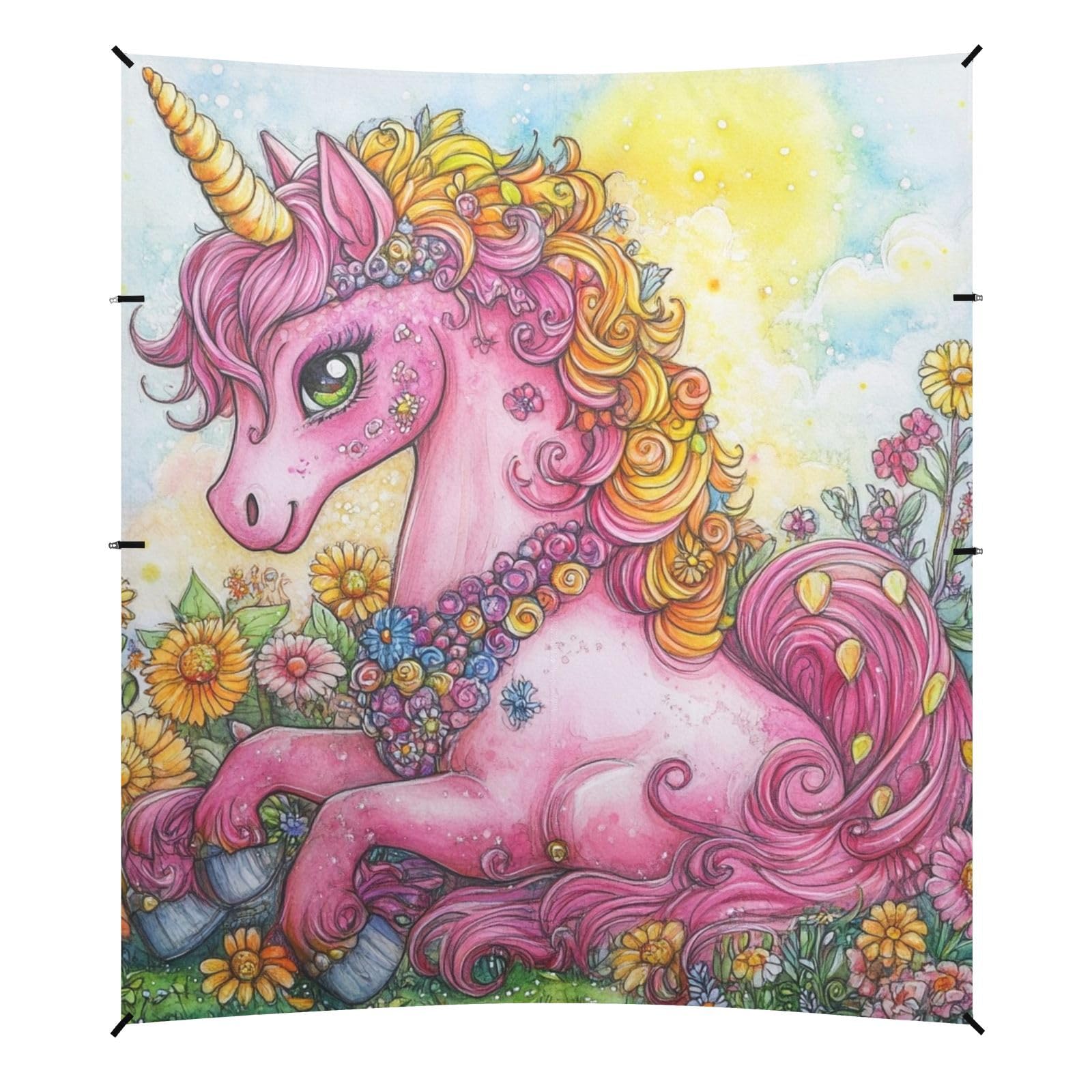 Floral - Adorned Pink Unicorns Beach Tent & Canopy UPF50+ Protection Waterproof Large Sun Shade with Sandbags and Shovel for Family Travel