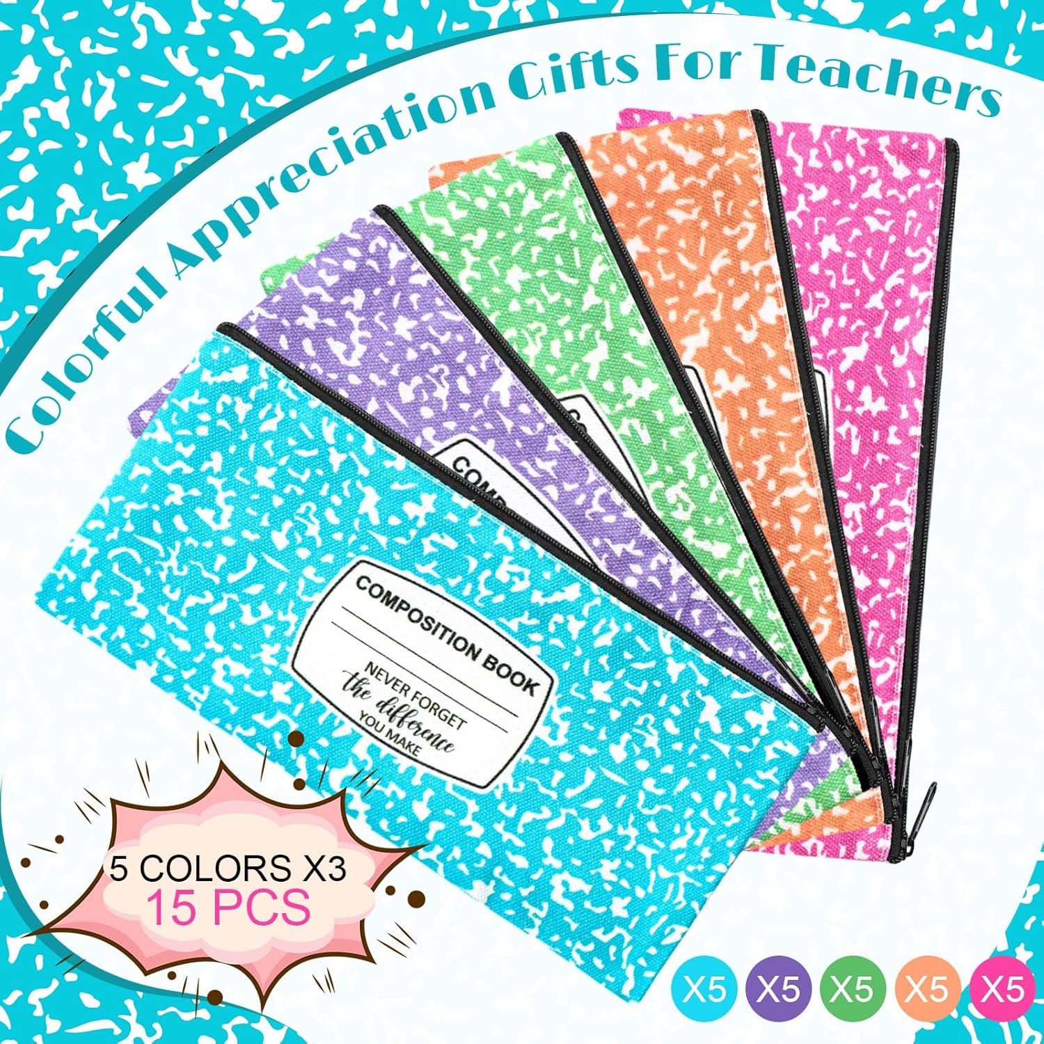 Epakh 15 Pcs Teacher Pencil Case Pouch 8.7 x 3.9 Inches Composition Teacher Appreciation Gifts Portable Pencil Bag with Zipper Multipurpose Cute Pen Pouch for Teachers Stationery Organizer (Classic)