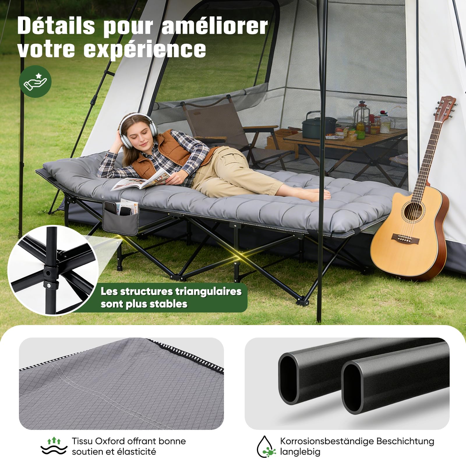 Sekey Lit de Camp Pliable XXL 190 x 71 x 35 cm surdimensionné avec Matelas, Tubes en Acier renforcés et Tissu Oxford de qualité supérieure - Idéal comme lit d'invité pour Le Jardin et Le Camping