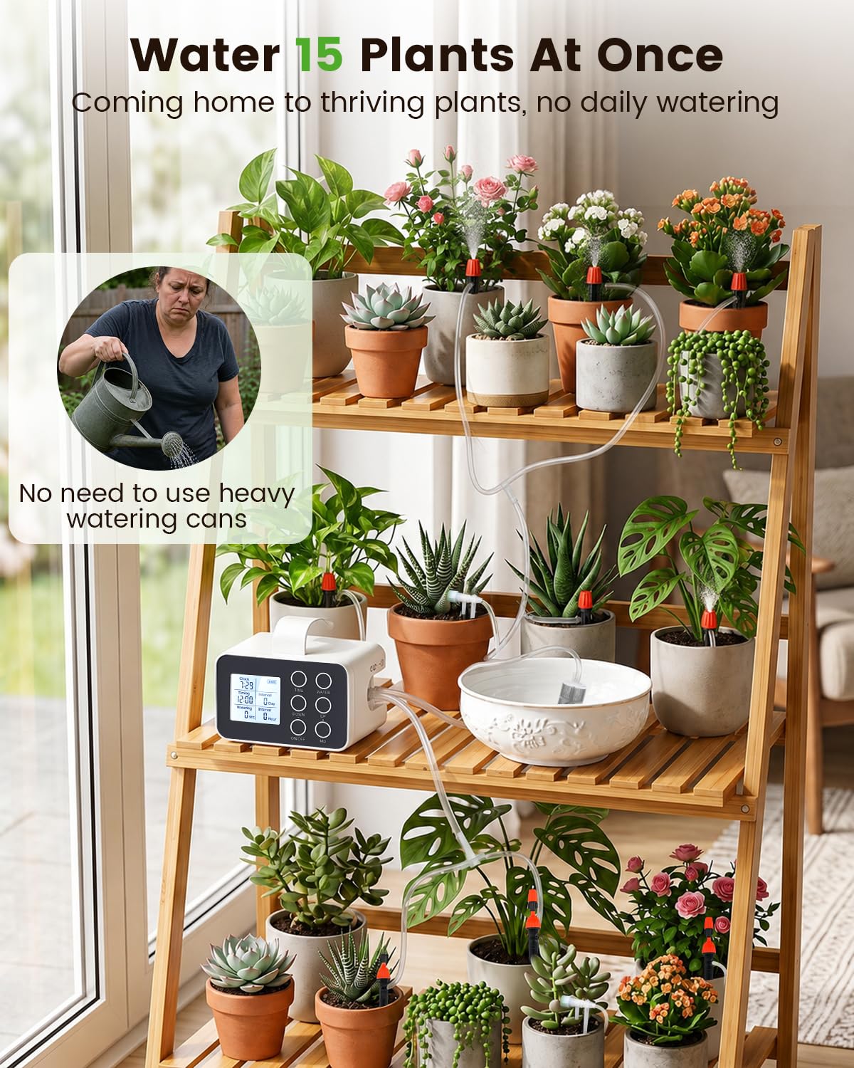 BAOSHISHAN Regador automático de plantas para interiores con emisor de pulverización y goteo 2 en 1 mejorado, dispositivo de riego de plantas de vacaciones con temporizador programable, sistema de