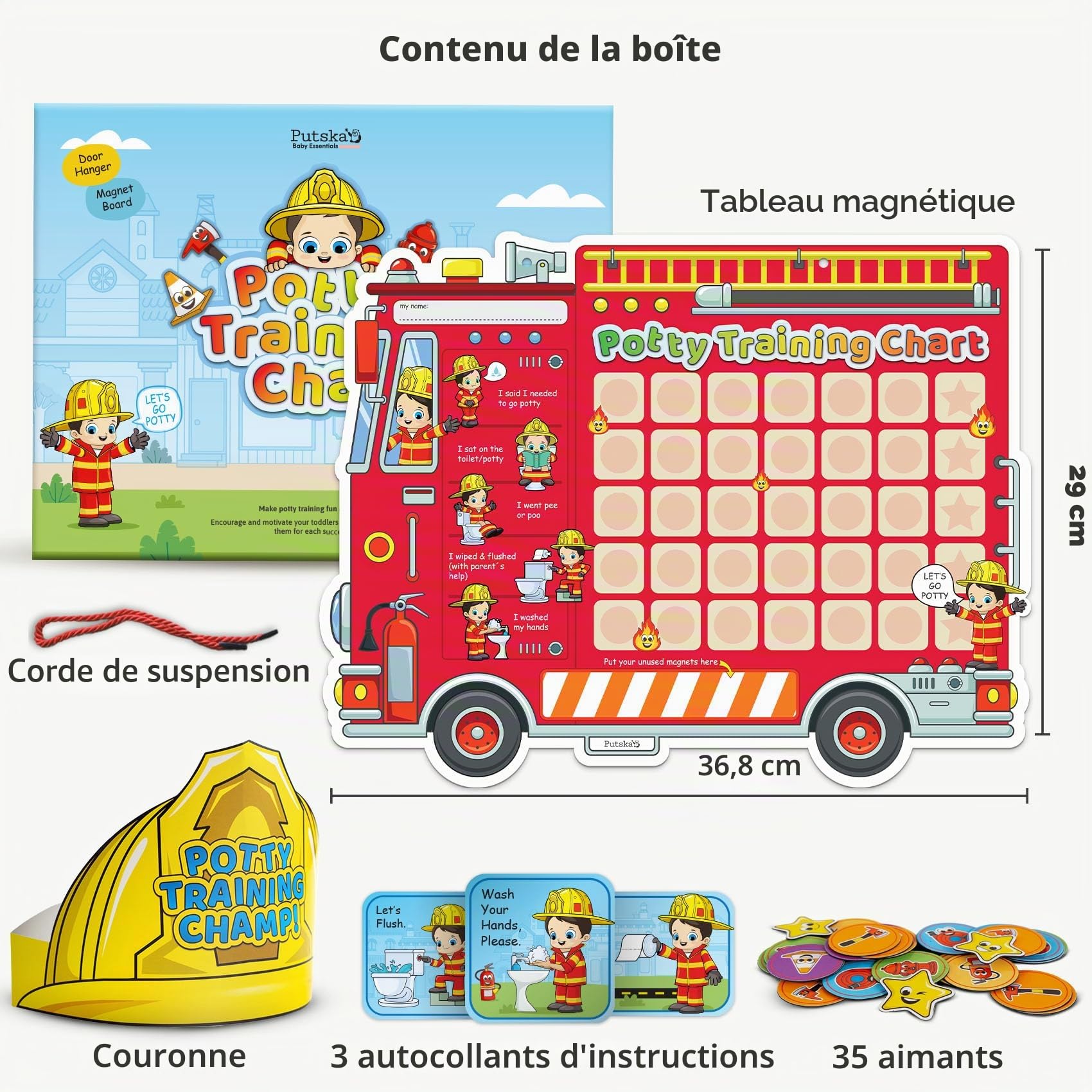 Tableau d'apprentissage de la propreté avec 35 autocollants, 3 autocollants de rappel et couronne pour les tout-petits garçons et filles – Récompenses d'apprentissage de la propreté pour enfants