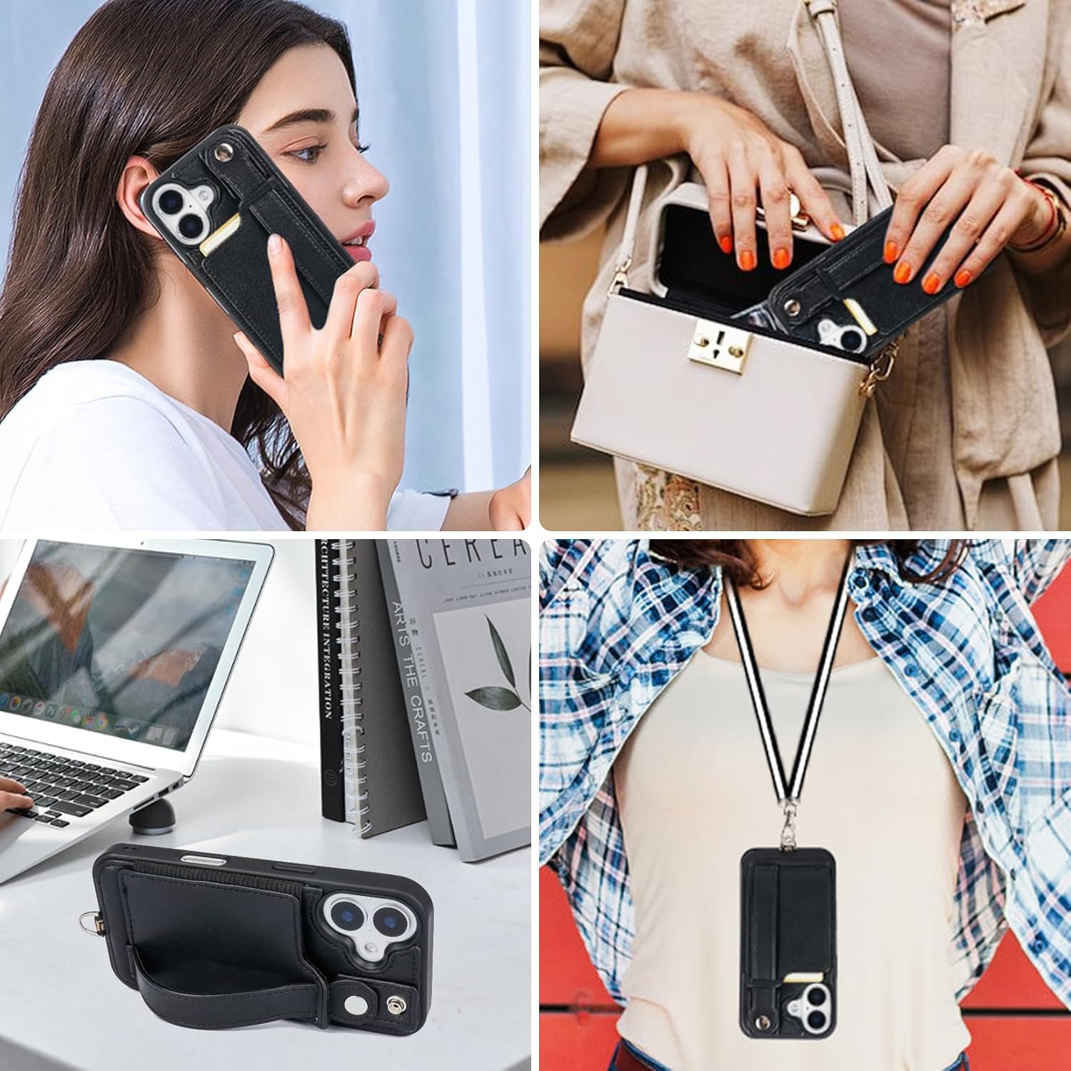 TOOVREN Phone Case for iPhone 16 Wallet Case with Card Holder Stand Strap Lanyard Case fits iPhone 16 Case with Wallet PU Leather Shockproof Detachable Phone Cover for Women & Men 6.1 Inch Black