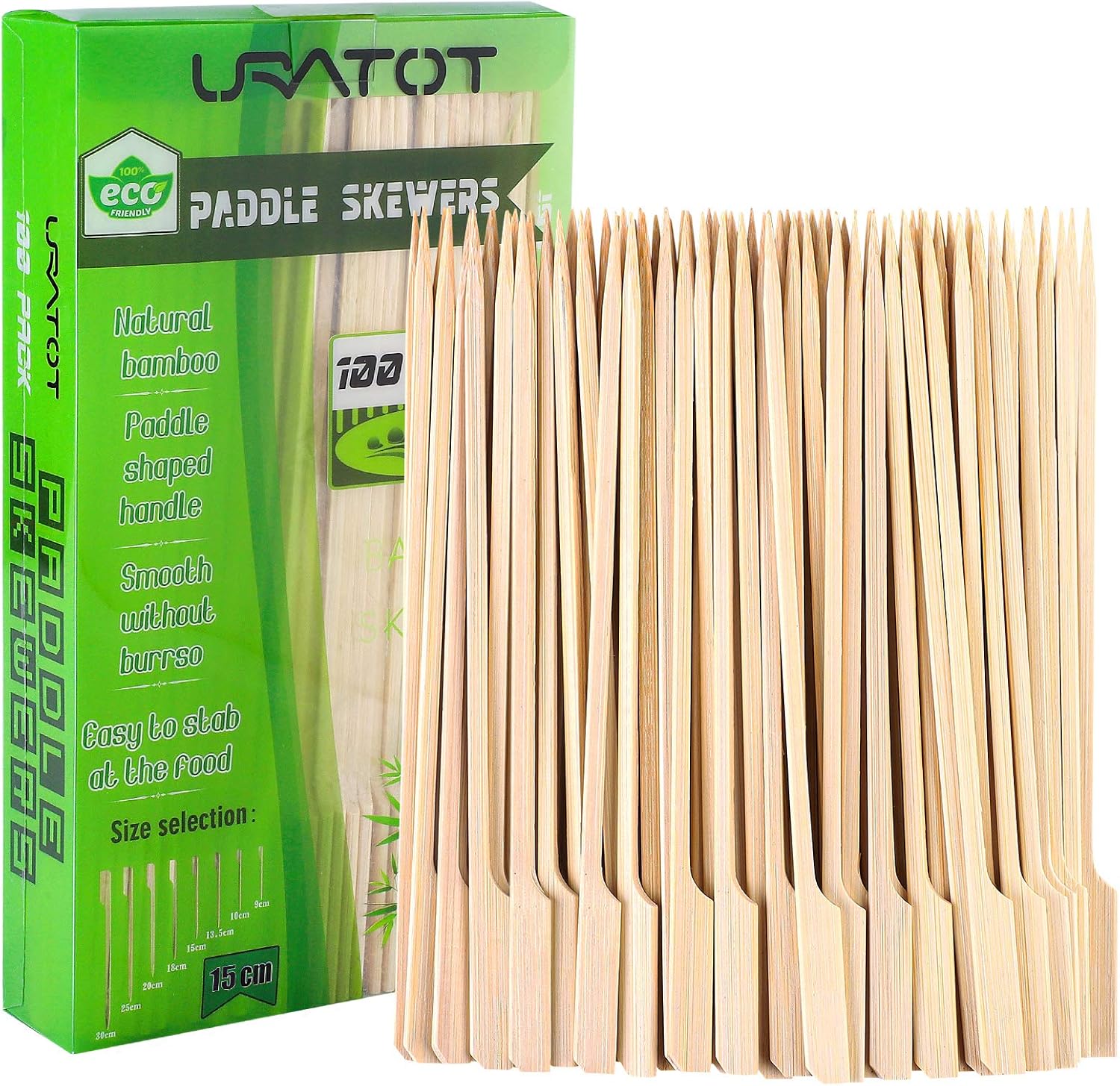 URATOT 100 Pieces Bamboo Paddle Skewers Natural Wooden Cocktail Sticks Picks for Barbeque, Kebabs, Cocktails Buffet Party