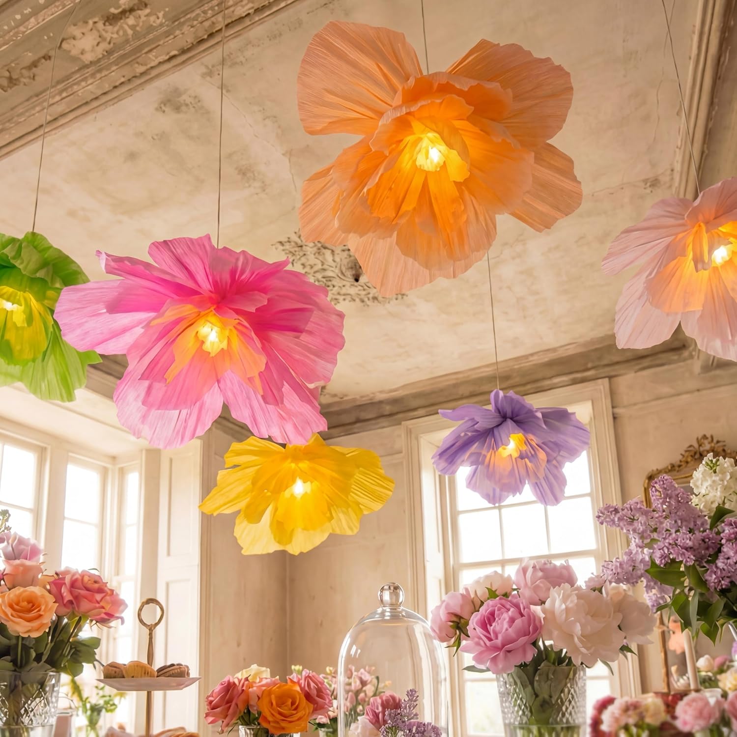 VIHOSE 6 Pcs Large Flower Paper Lanterns Tea Party Decorations 15.7 Inch Tissue Paper Flower with LED Lights for Spring Fancy Party Decor Floral Pendant Lamps for Tea Garden Wedding Bridal Baby Shower