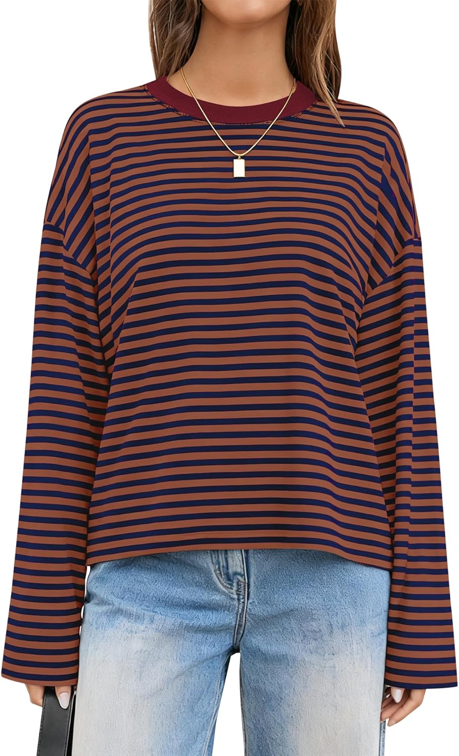 LOMON Striped Long Sleeve Shirt Women Y2k Oversized Crewneck Fall Spring Drop Shoulder Vintage Tops Teen Girl Clothes