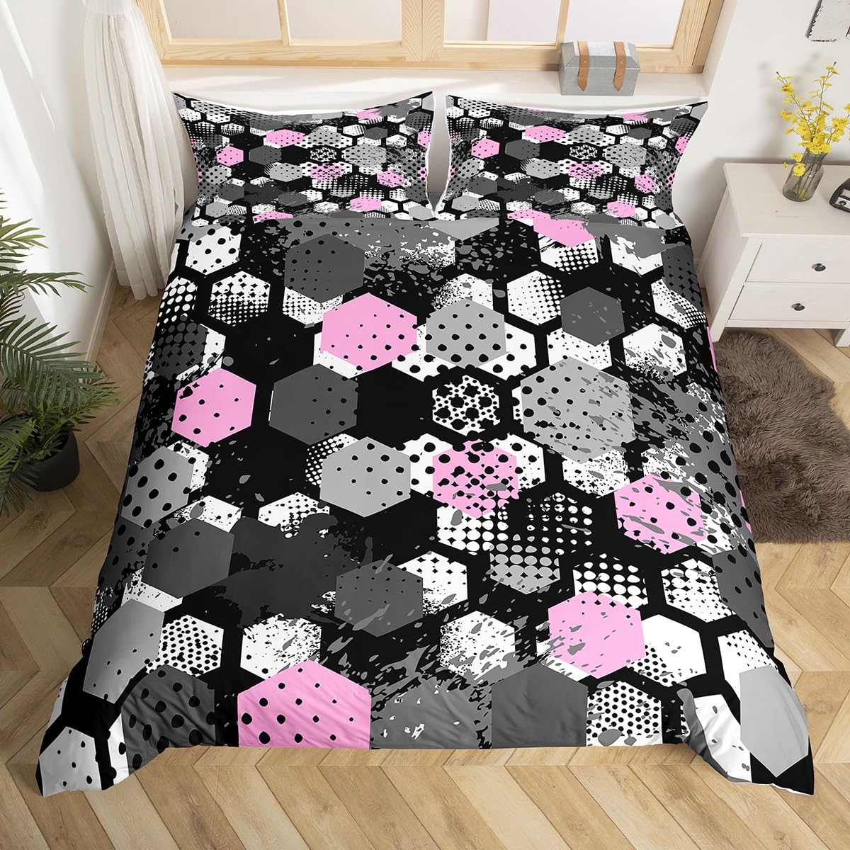 Honeycomb Duvet Cover Set Super King Size, Pink Grey White Hexagon Comforter Cover with 2 Pillowcases, Abstract Geometric Bedding Set 3pcs for Kids Boys Girls Room Decor Lightweight Bedspread Cover