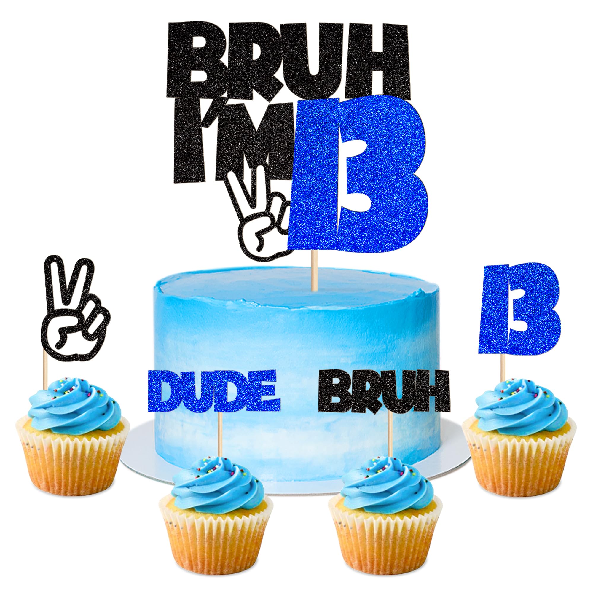 25Pcs Bruh I'm 13 Cake Topper Victory Gesture Bruh Dude Number 13 Cupcake Picks for Funny Boys 13rd Birthday Thirteen Years Old Brother's Party Cake Decors