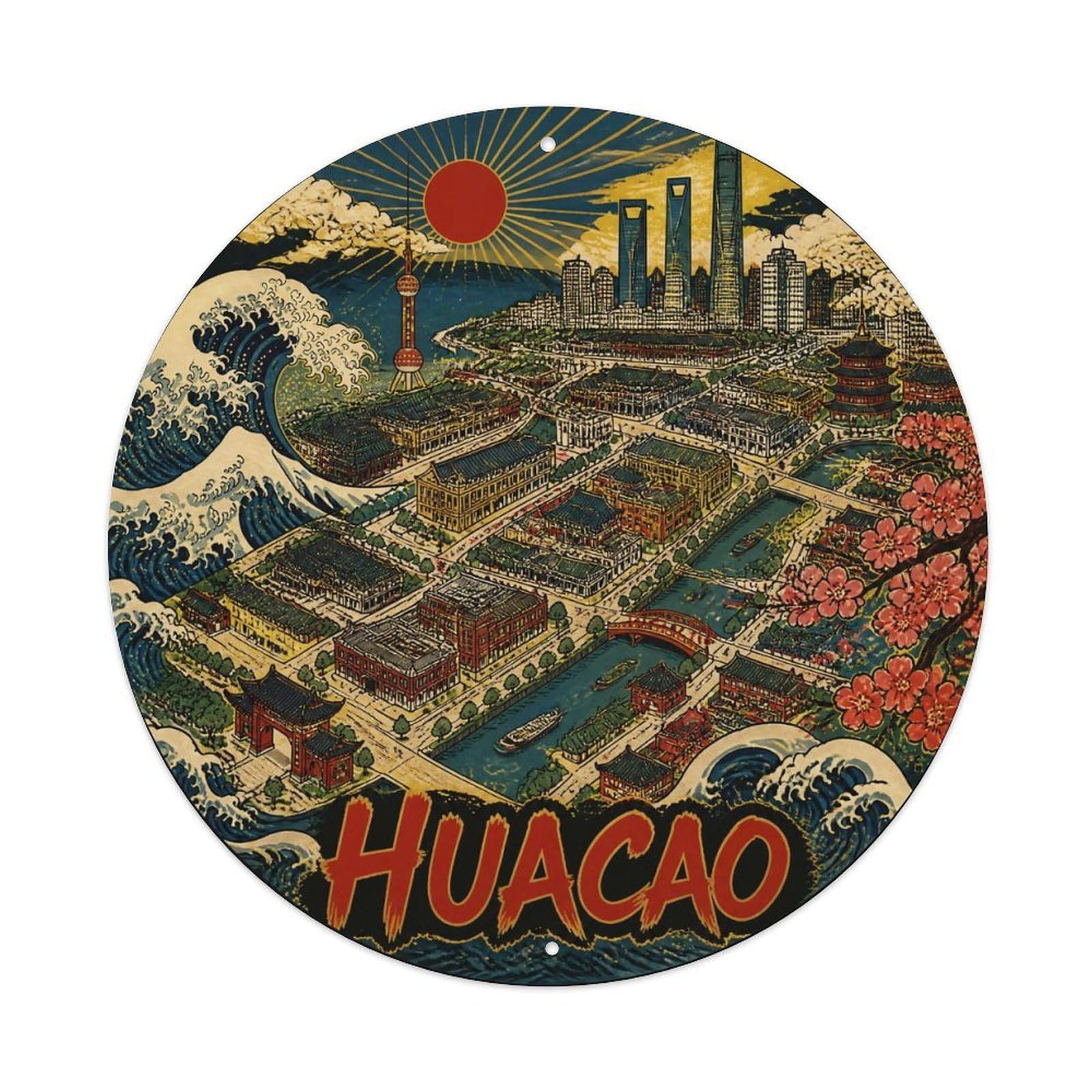 Okngb Style Huacao District Shanghai Collage Travel Color Blocks Metal Tin Sign Plaque Wall Decor For Cafe, Man Cave, Club Bar, Office, Home Garden Round Metal Poster 8X8inch