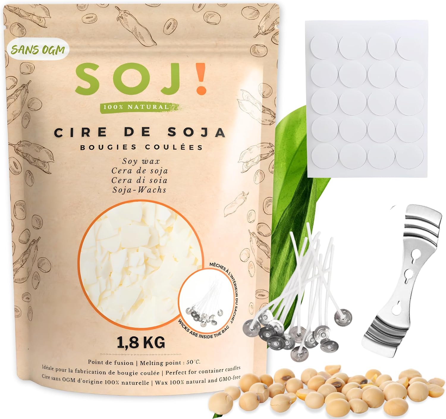 Soj! Candle Wax - Vegetable Soy Wax for Creation/DIY Candles Candle Filling - For Poured Candle - In Flakes - 4 Lbs + 20 Wicks
