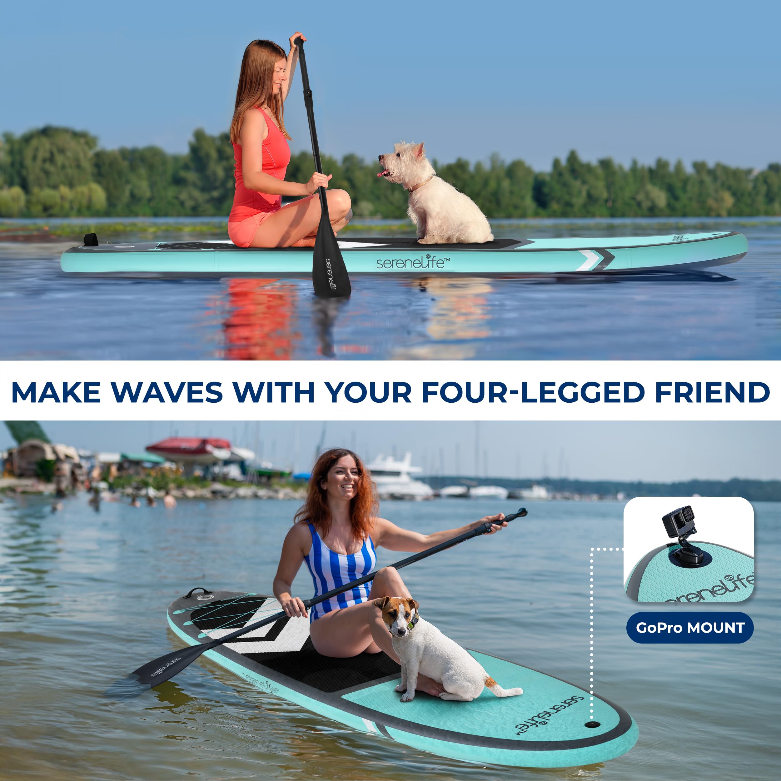 SereneLife dmuchana deska SUP 11’ – przyjazna dla zwierząt deska paddleboard dla dorosłych i wspólnych przejażdżek ze zwierzętami – szerokość 35”, antypoślizgowa powierzchnia EVA, udźwig 440 lbs