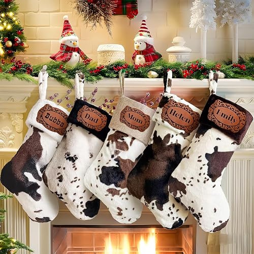 Personalized Western Cowboy Cow Print Christmas Stocking, Farmhouse Style Christmas Stockings, With Name Leather Patch, Fireplace Tree Hanging Festival Party Decor, Gift for Family Kids, 18" Style 1
