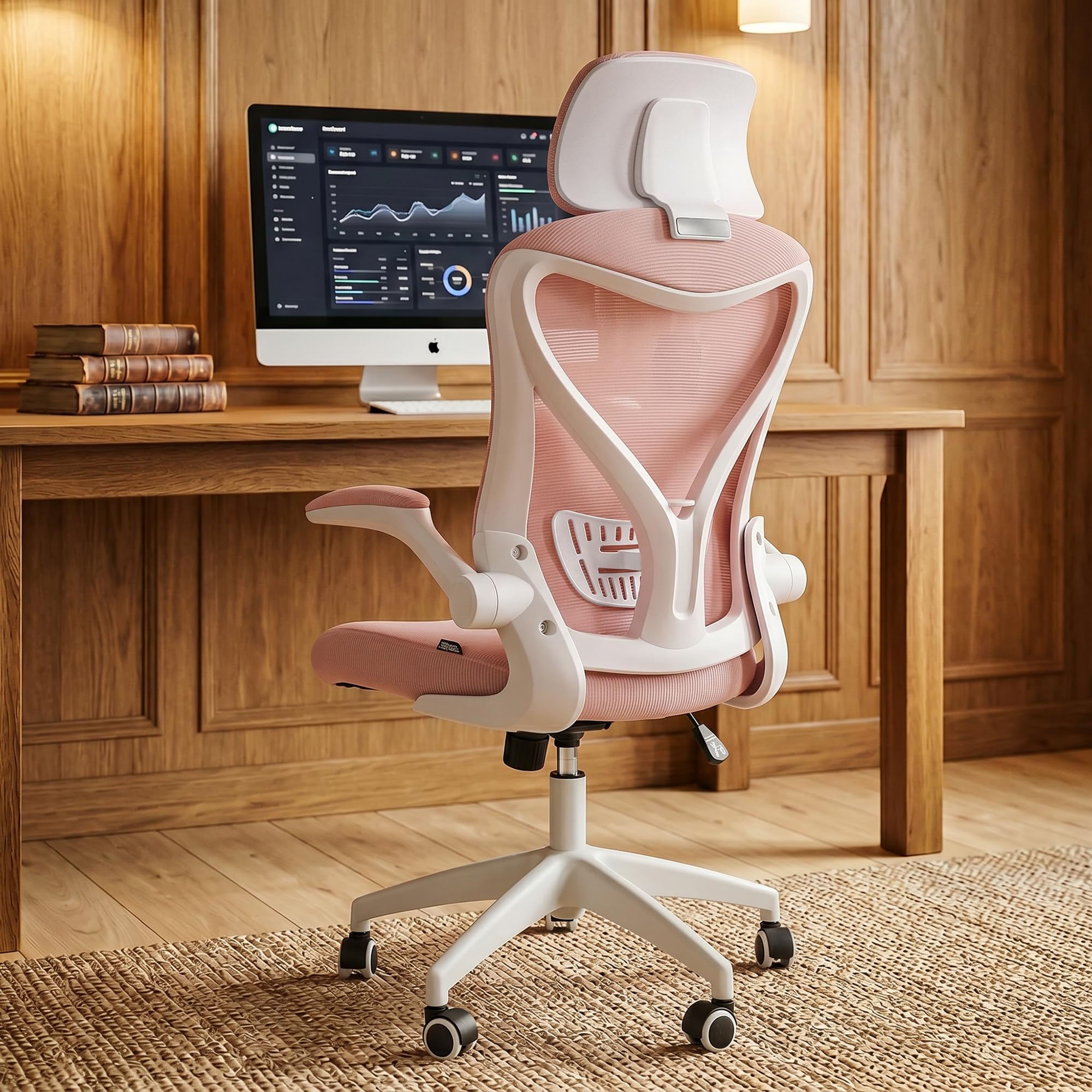 DROGO Marshal Pro Premium Ergonomic Office Chair for Work from Home, High Back Computer Chair with Mesh, Flip-up Armrest, Recline, Adjustable Seat & Lumbar Support | Mesh Chair for Office (Pink)