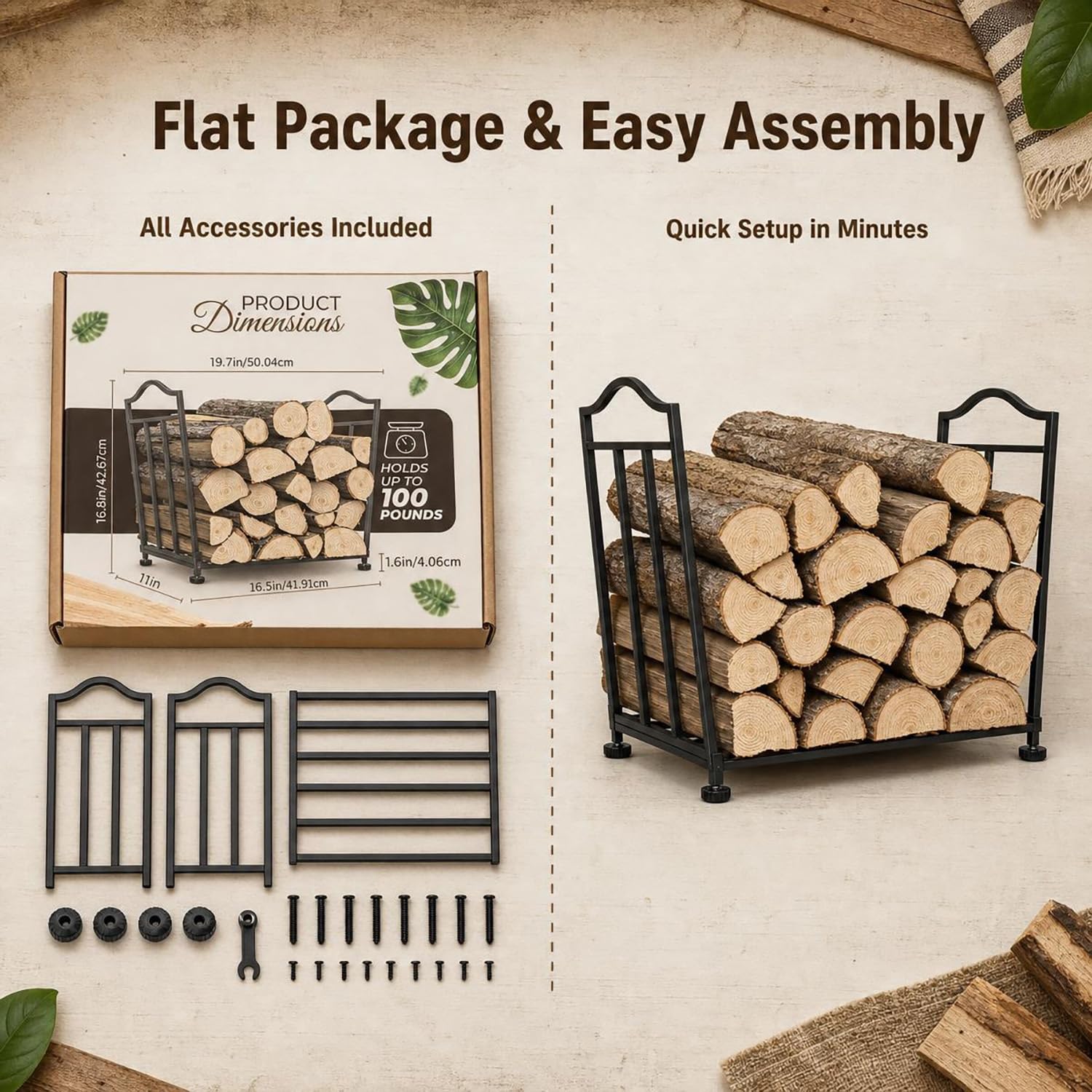 Firewood Basket,Heavy Indoor Fireplace Log Holder w/Curved Handles