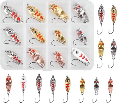 Trout Spoons Fishing Lure Kits-12pcs Mini Fishing Spoon Lures Single Hook Hard Metal Spinner Baits Jigging Trolling Casting Fishing Spoon Lures for Trout Bass Crappie Char Walleye Perch