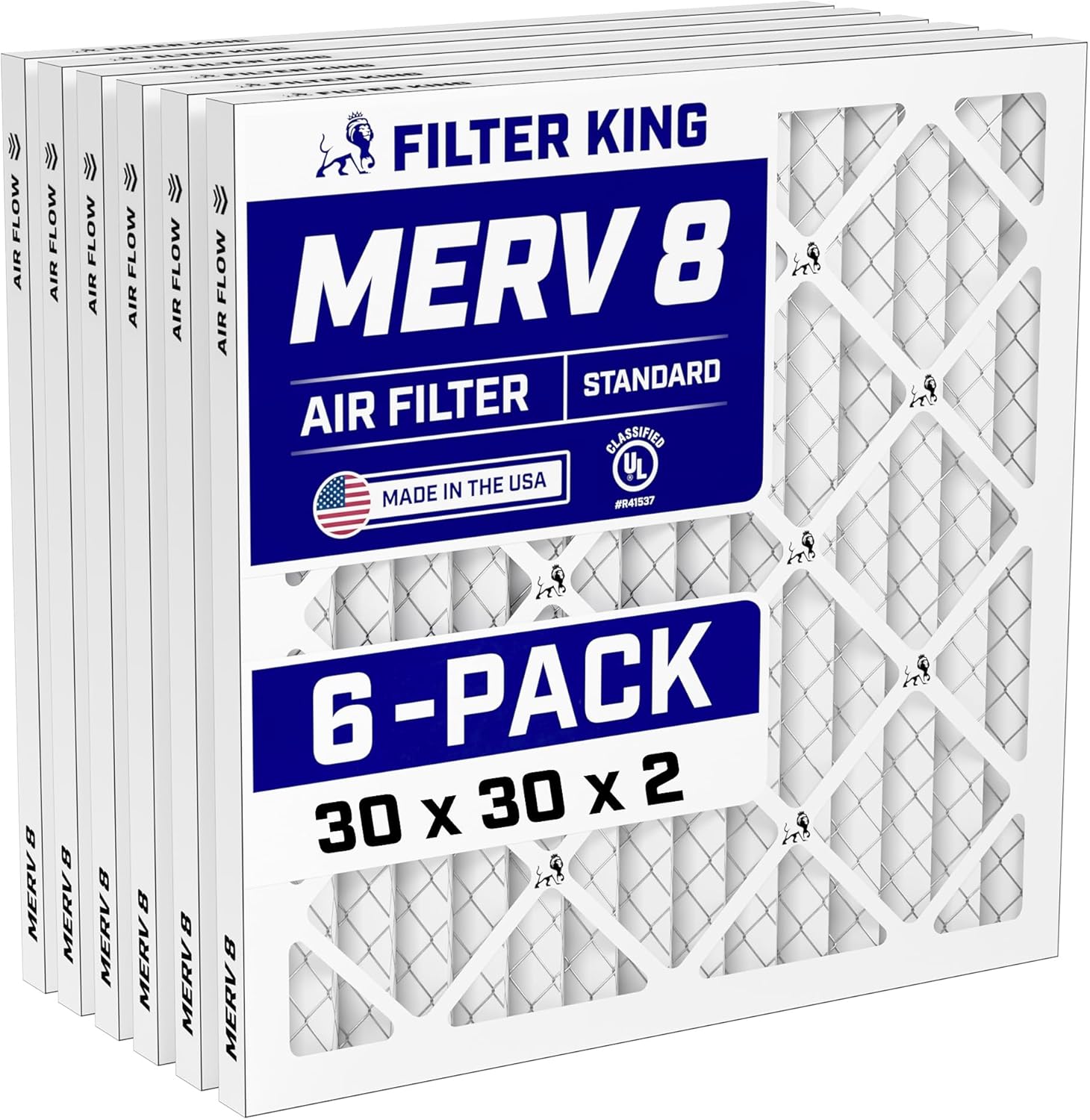 Filter King 30x30x2 Air Filter (MERV 8) (6-Pack) Dust & Allergy Control AC Furnace Filters, MADE IN USA, HVAC, Pleated, Electrostatic (Actual Size: 30 x 30 x 1.75)