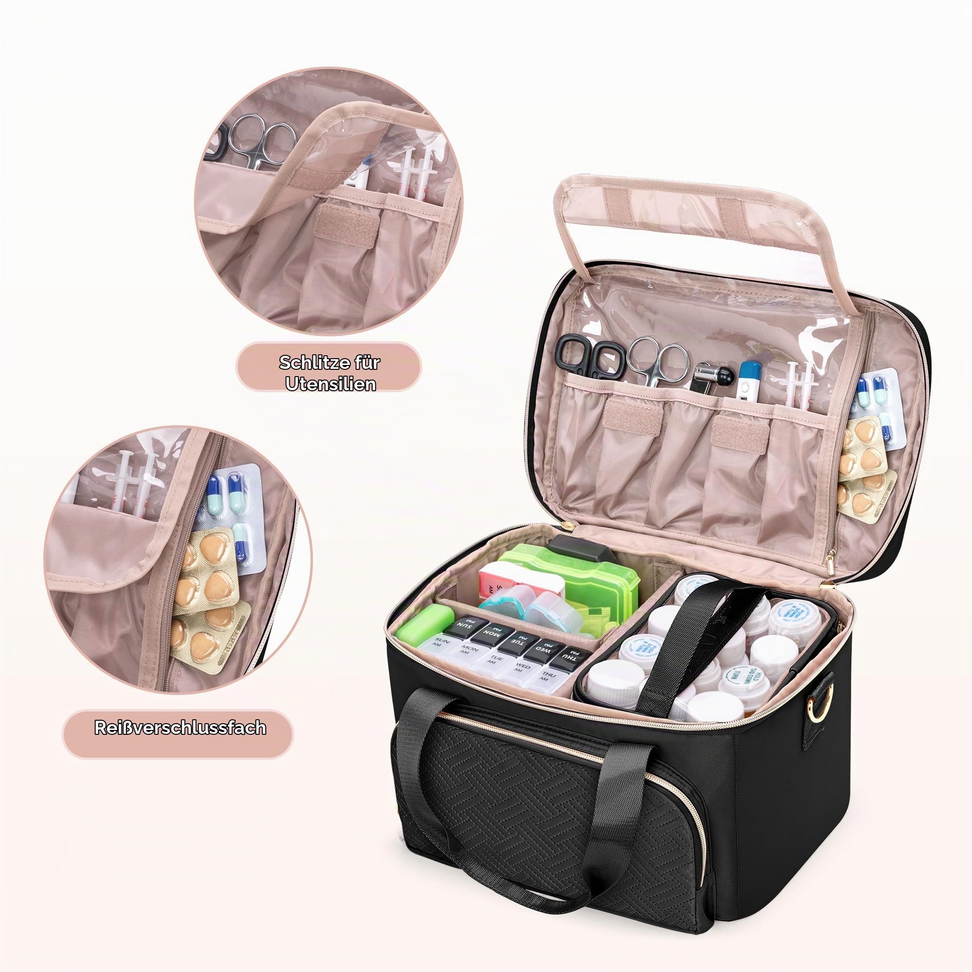 Tasche für Medizinischen Bedarf mit 2 Medikamententaschen, Schwarz | Erste Hilfe Tasche, Organizer für Medikamentendosen, Herausnehmbare Trennwände, Verstellbare Riemen, Nur Leere Tasche